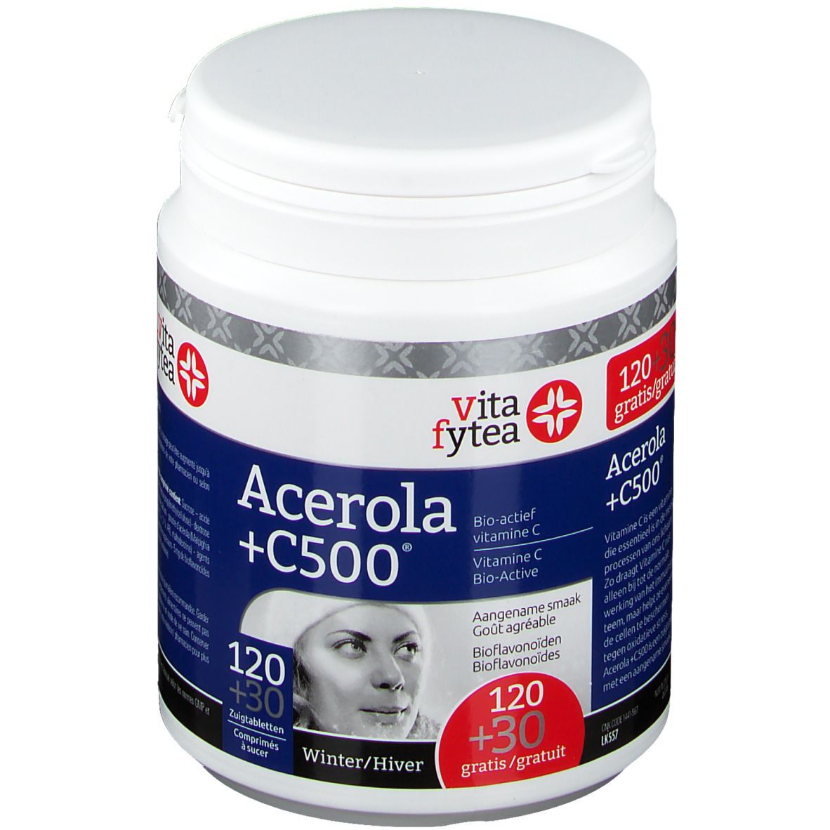 Witte pot met rood etiket. Opschrift: Acerola +C500, Vita fytea. Bevat 120+30 tabletten. Afbeelding van een vrouw.