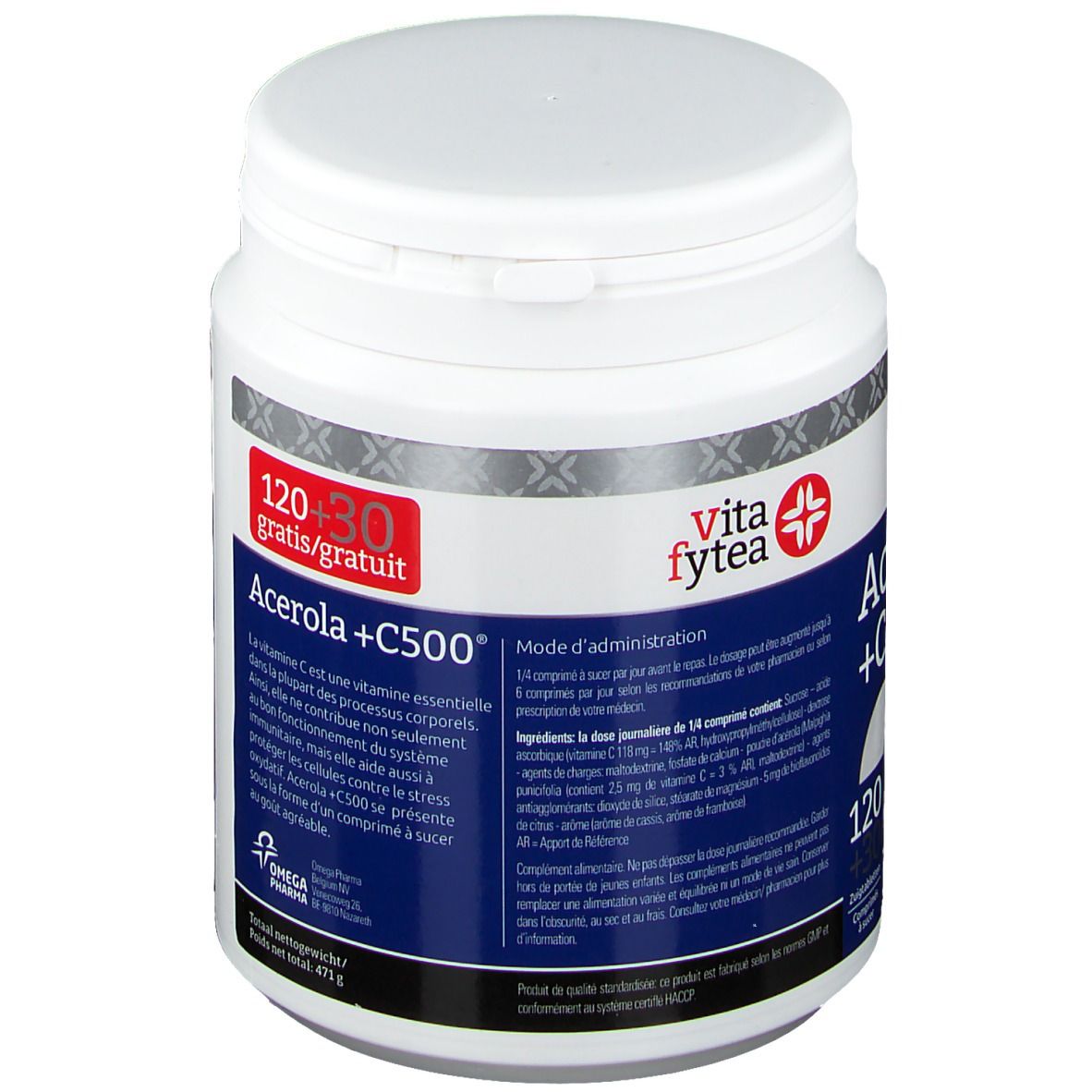 Witte pot met rood etiket. Opschrift: Acerola +C500, Vita fytea. Bevat 120+30 tabletten. Tekst in meerdere talen.