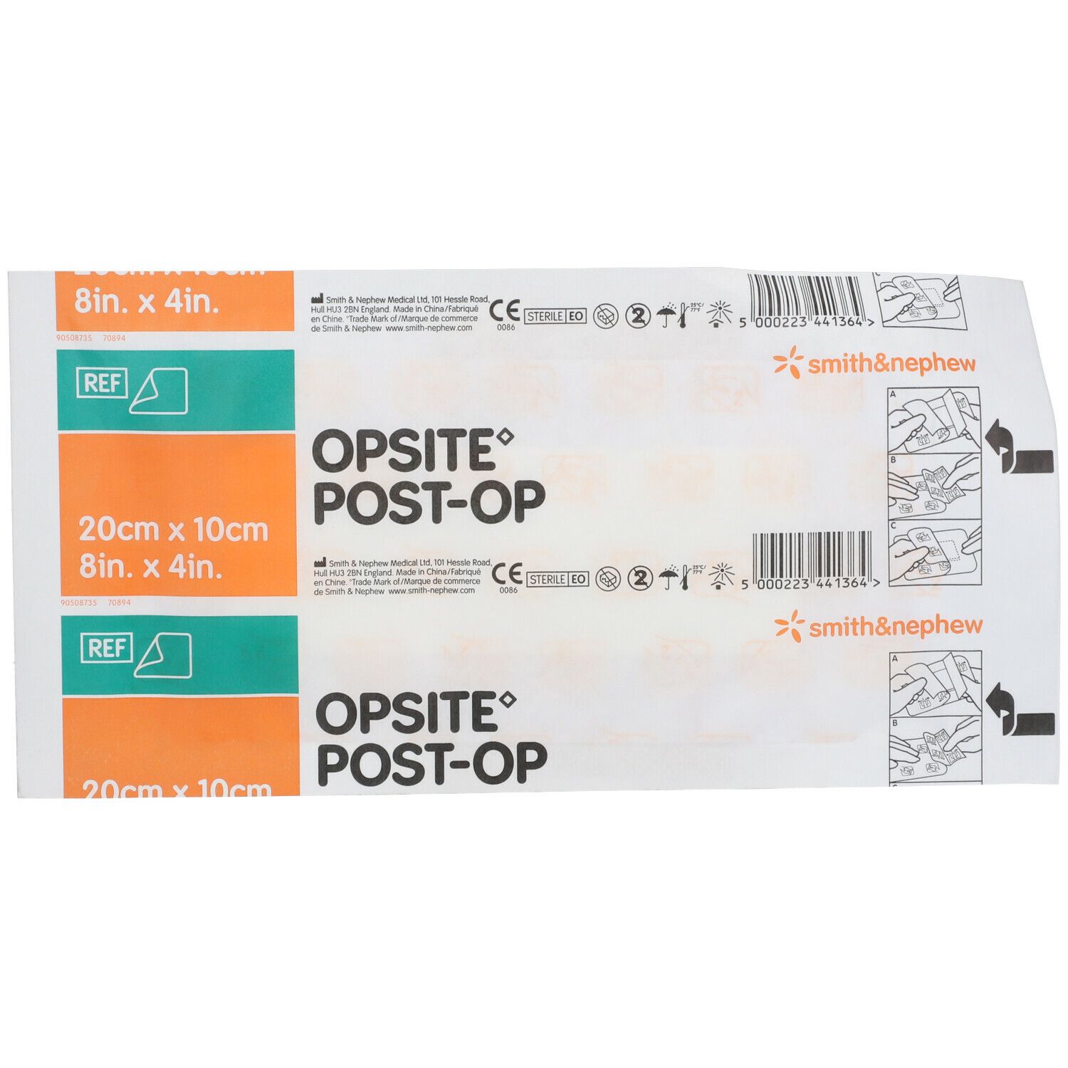 Pansement Opsite Post-Op 20 x 10 cm, emballé. Logo Smith & Nephew et informations produit visibles.
