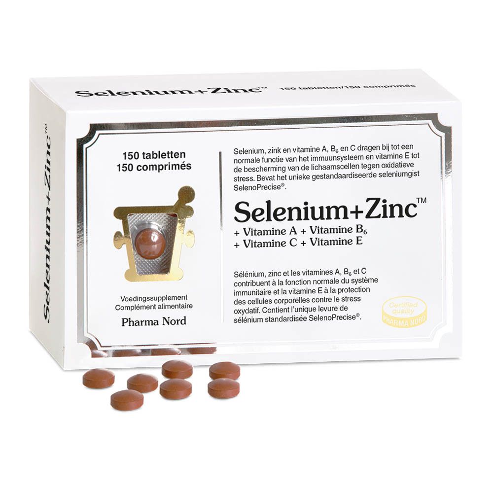 Witte doos "Selenium+Zinc" met tabletten. Certificeringslogo.