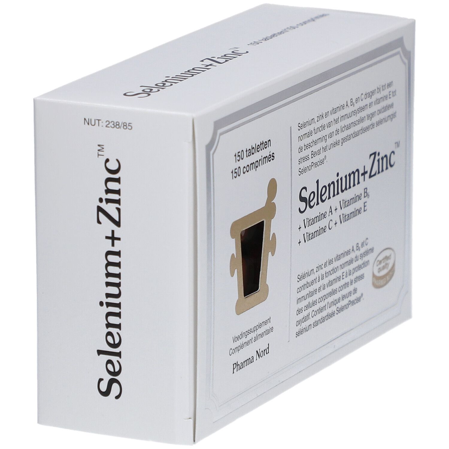 Witte doos "Selenium+Zinc". Opschrift: 150 tabletten. Certificeringslogo.