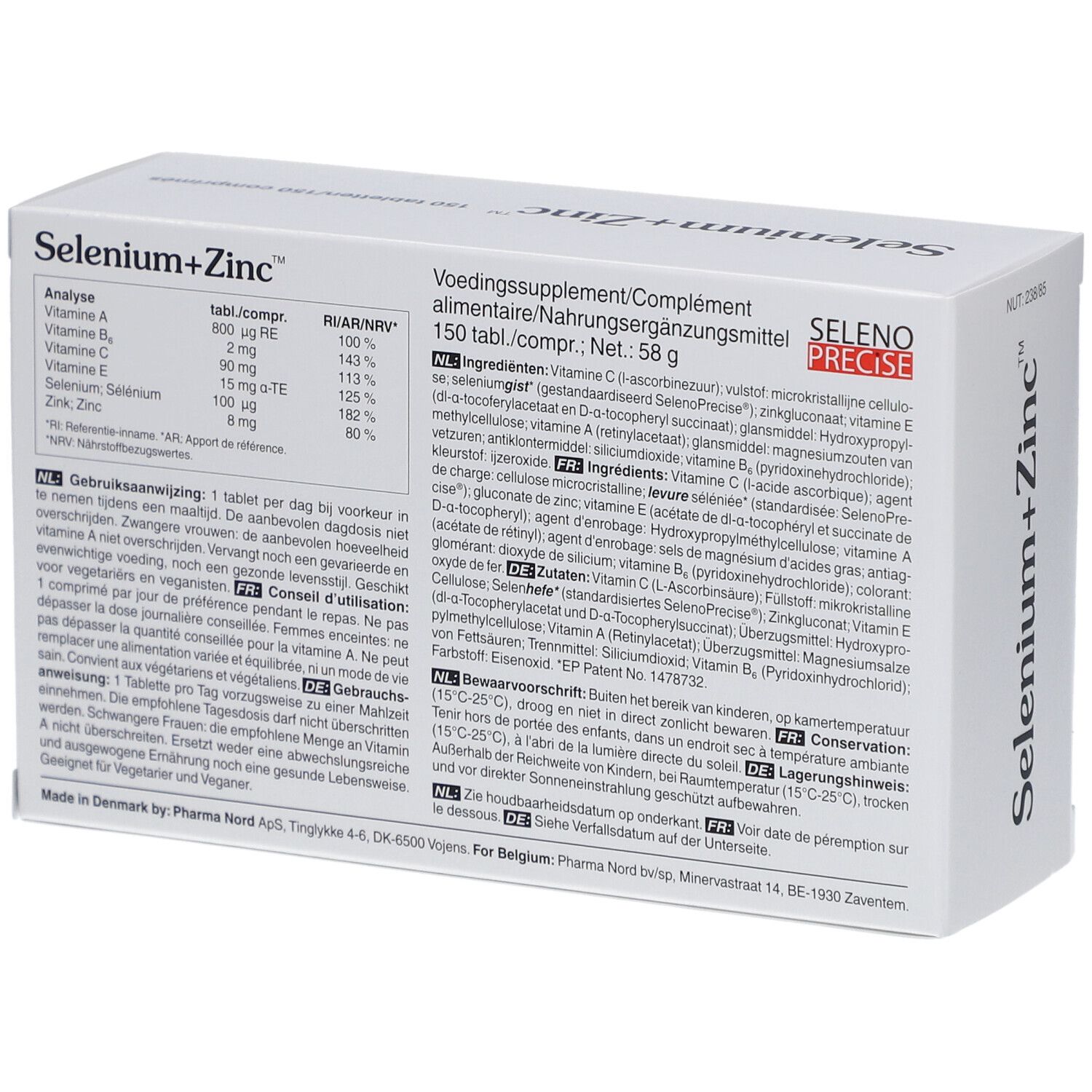 Achterkant van de witte doos "Selenium+Zinc". Tekst in meerdere talen.