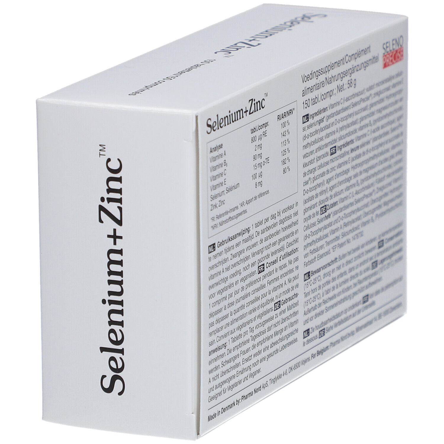 Witte doos "Selenium+Zinc". Tekst en analysetabel op de achterkant.
