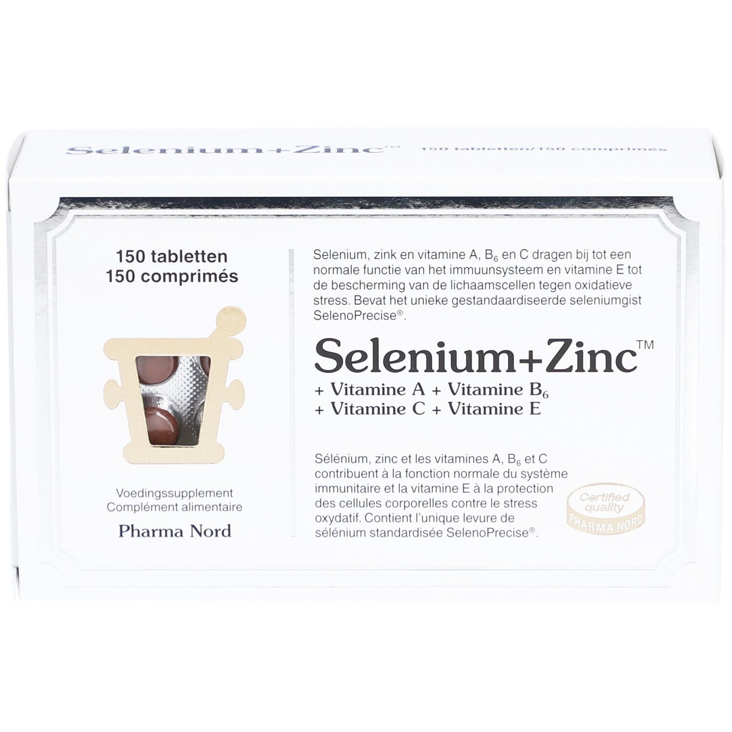 Witte doos "Selenium+Zinc" met 150 tabletten. Certificeringslogo.