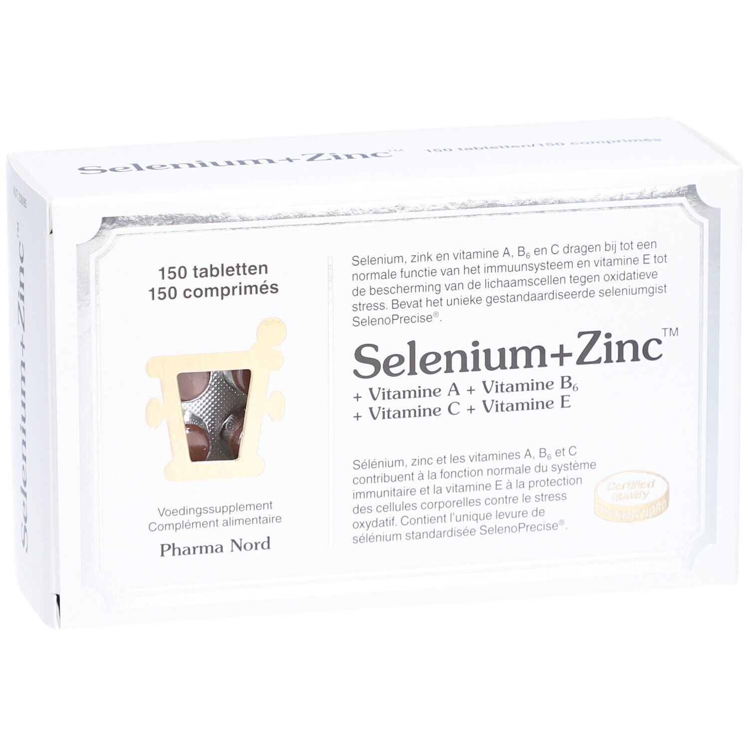 Witte doos "Selenium+Zinc" met 150 tabletten. Certificeringslogo.
