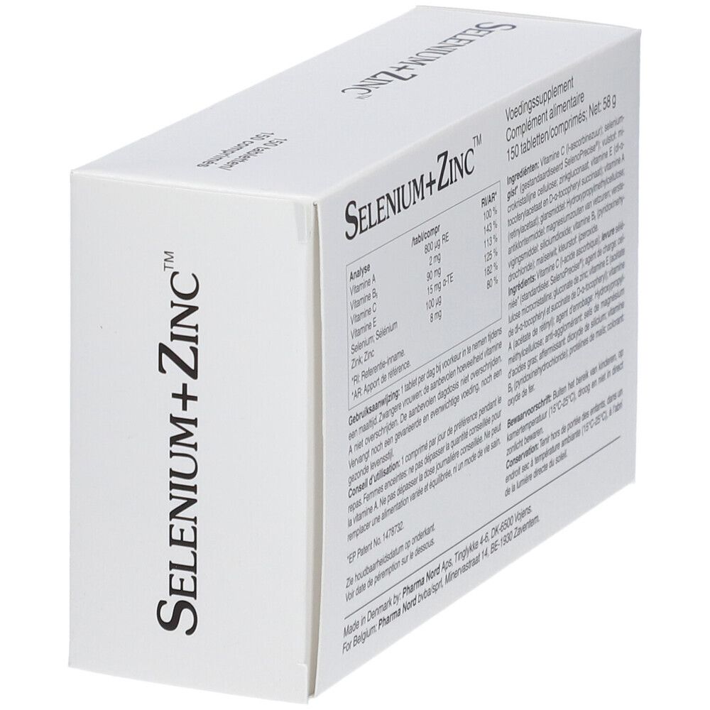 Witte doos "Selenium+Zinc". Achterkant met tekst en analyse.