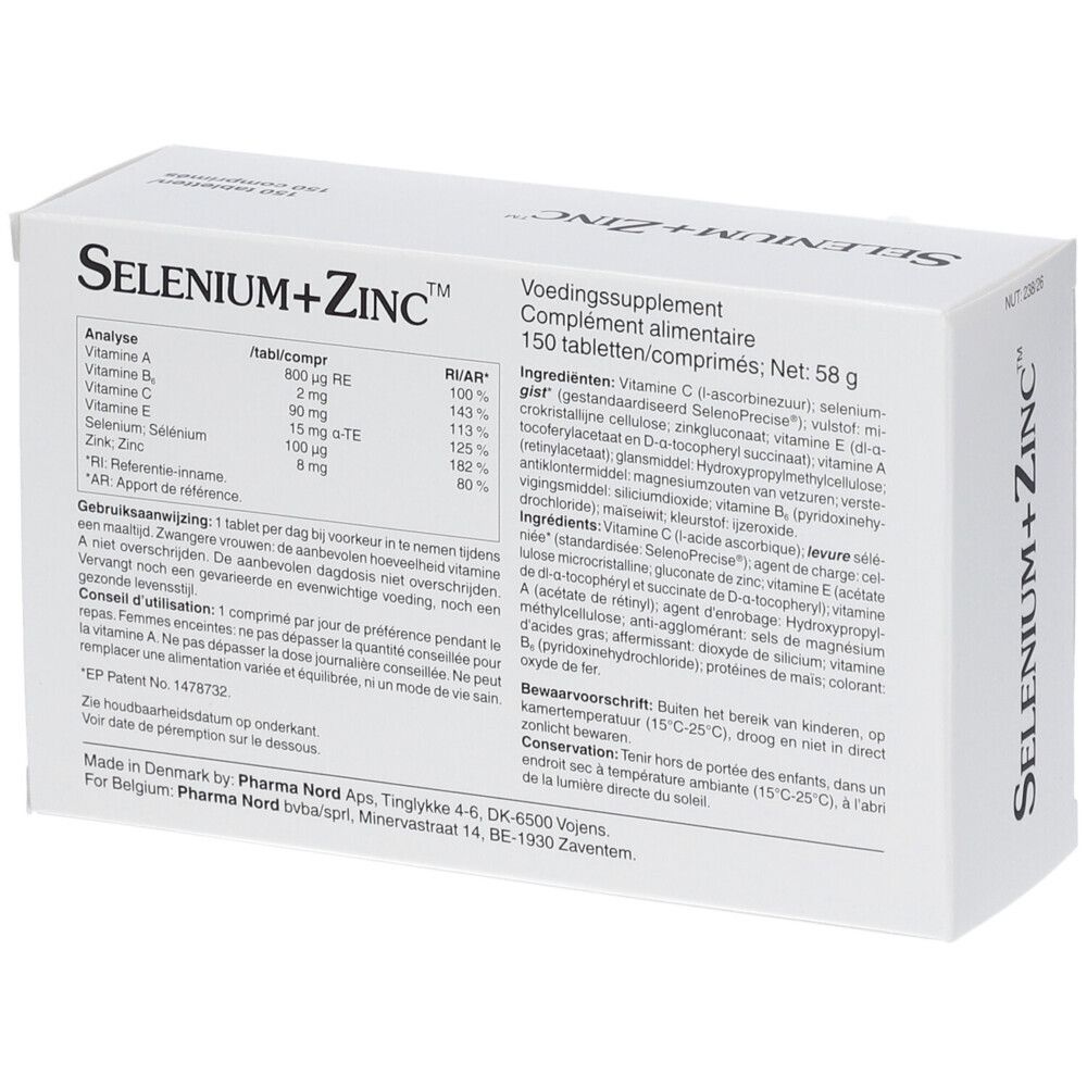 Achterkant van de witte doos "Selenium+Zinc" met tekst en analyse.