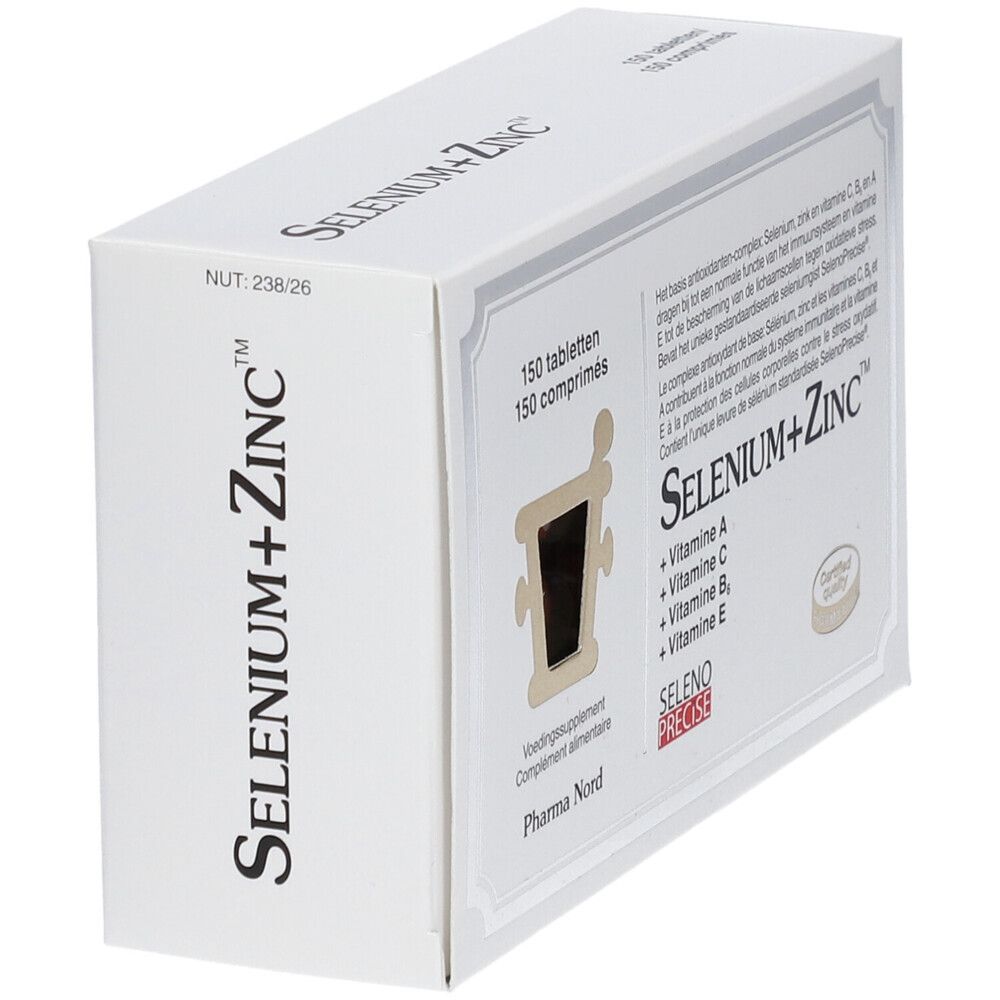 Witte doos "Selenium+Zinc" met 150 tabletten. Certificeringslogo.