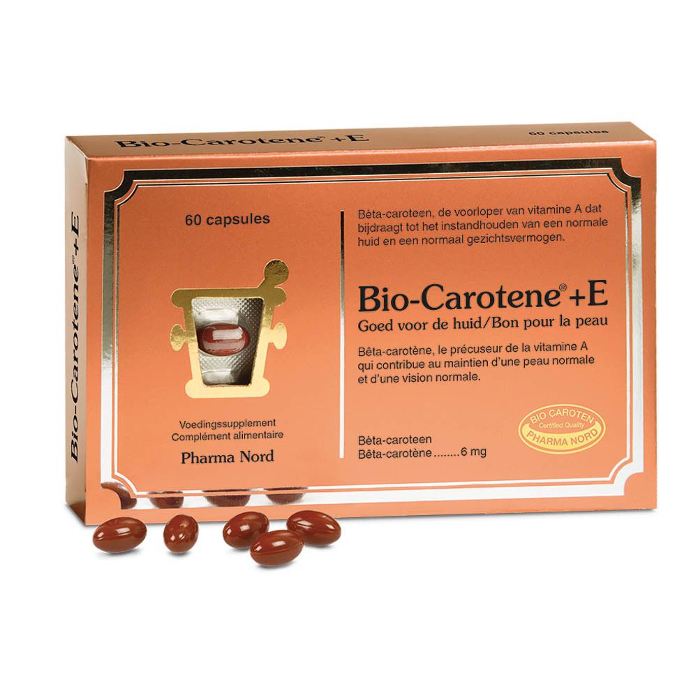 Boîte marron "Bio-Carotène+E" avec 60 capsules. Quelques capsules à côté. Logo Pharma Nord.