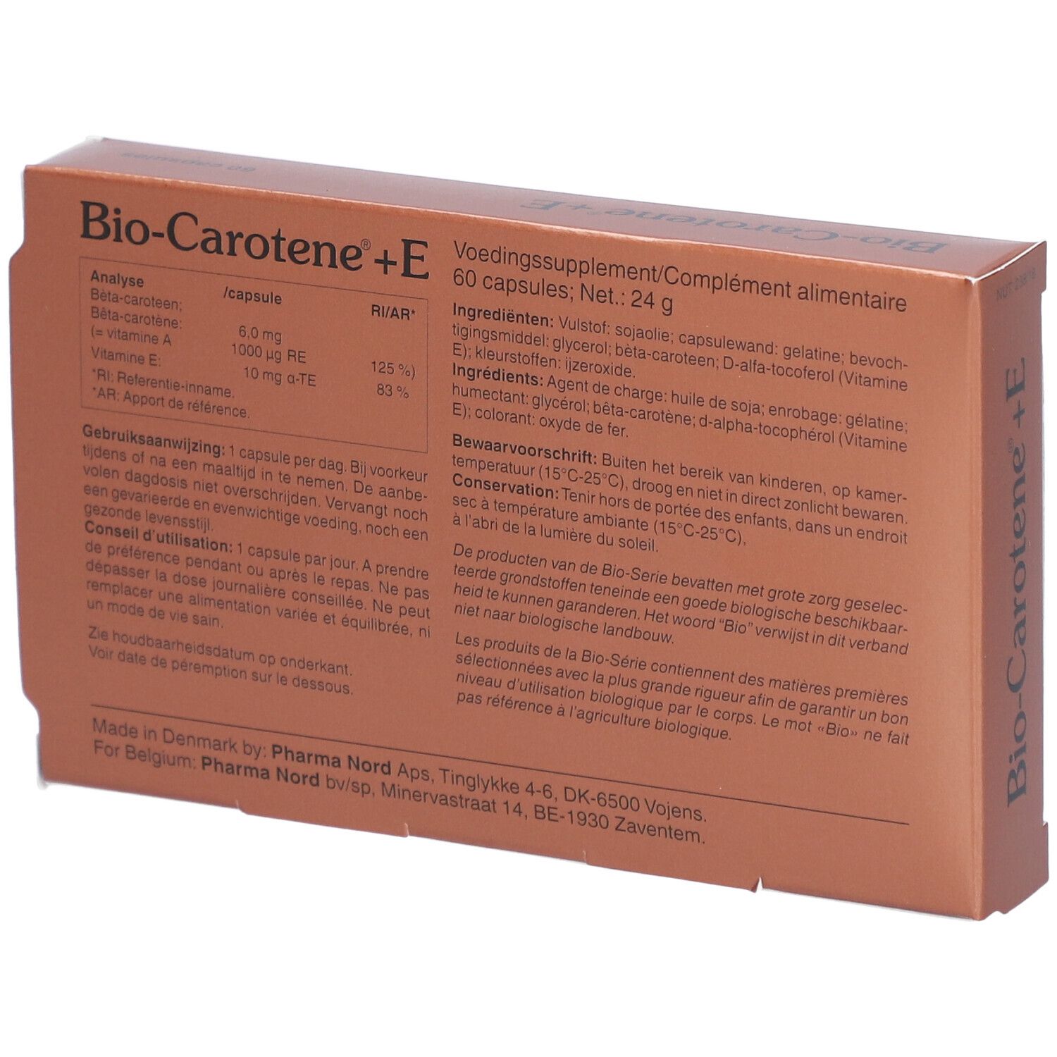 Dos de la boîte "Bio-Carotène+E". Texte en néerlandais, français, allemand. Ingrédients et mode d'emploi.