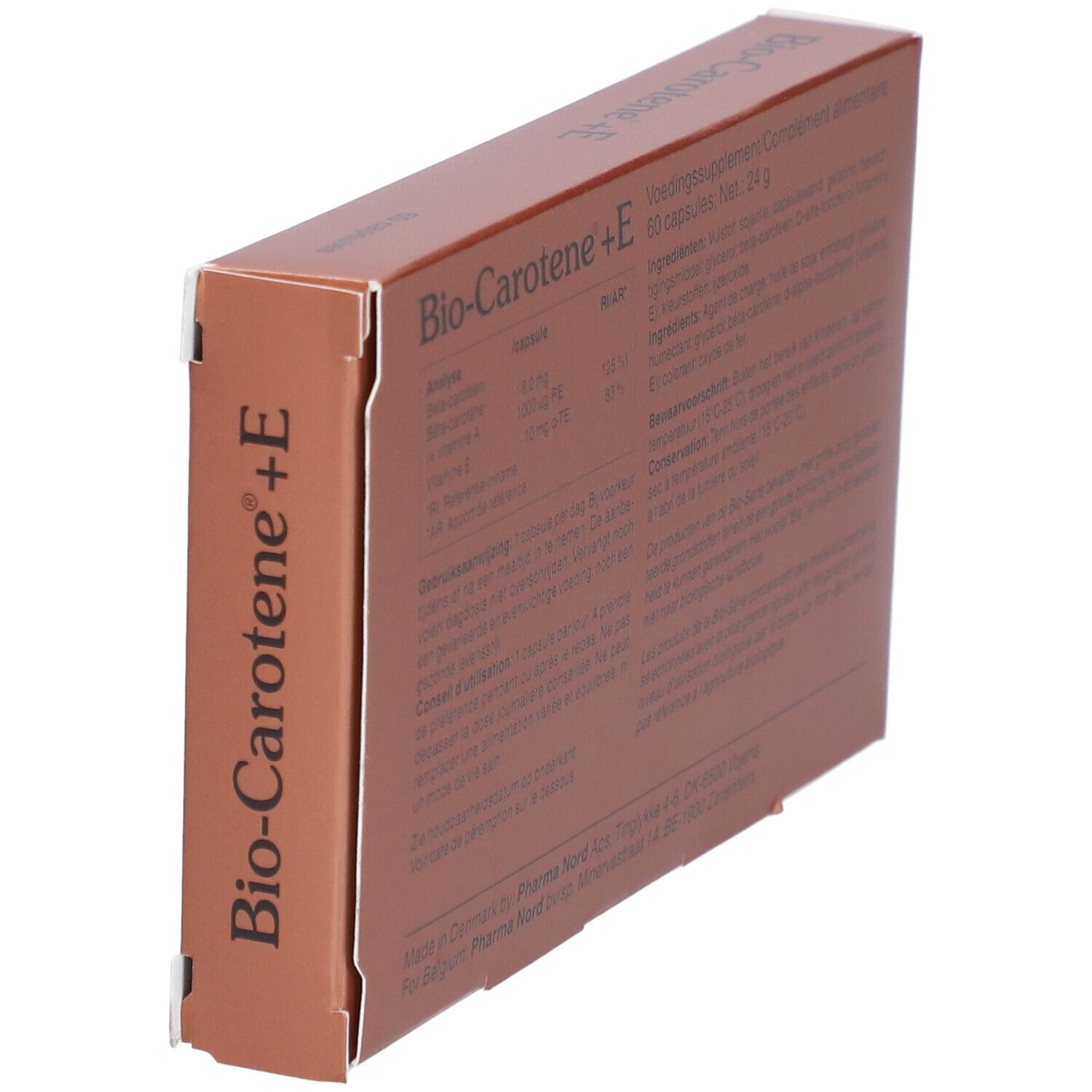 Dos de la boîte "Bio-Carotène+E". Texte en néerlandais, français, allemand. Ingrédients et mode d'emploi.