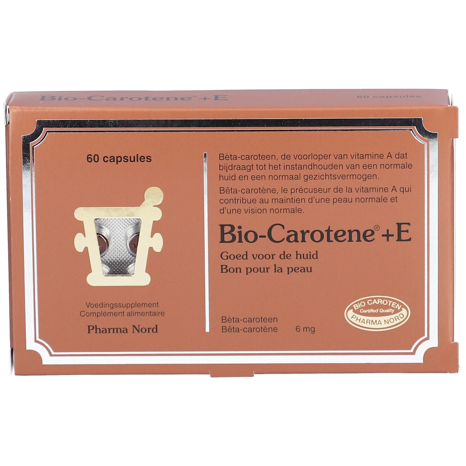 Boîte marron "Bio-Carotène+E" avec 60 capsules. Logo Pharma Nord. Texte en néerlandais et français.