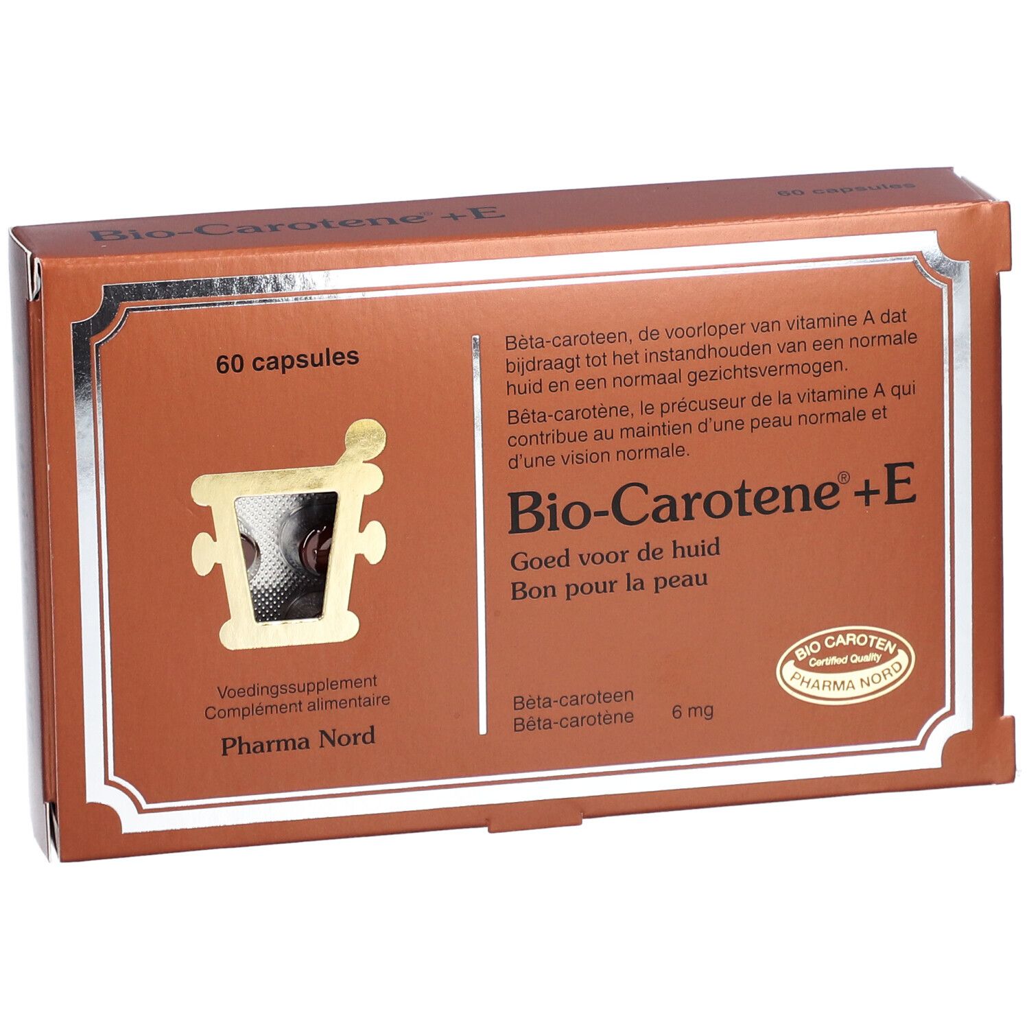 Boîte marron "Bio-Carotène+E" avec 60 capsules. Logo Pharma Nord. Texte en néerlandais et français.
