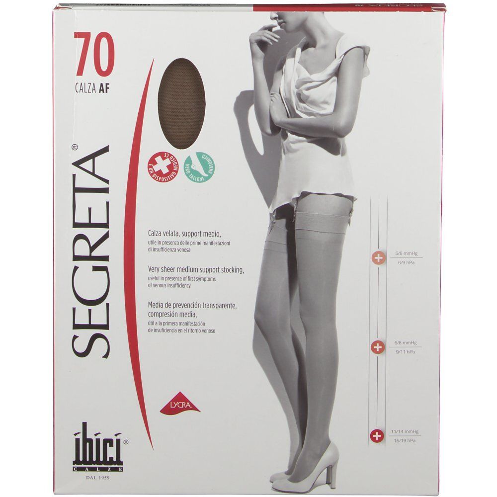 Boîte de bas de maintien Ibici® Segreta® 70 DEN. Inscriptions : Segreta, Ibici, 70, Calza AF, Lycra. Illustration d'une femme portant des bas.