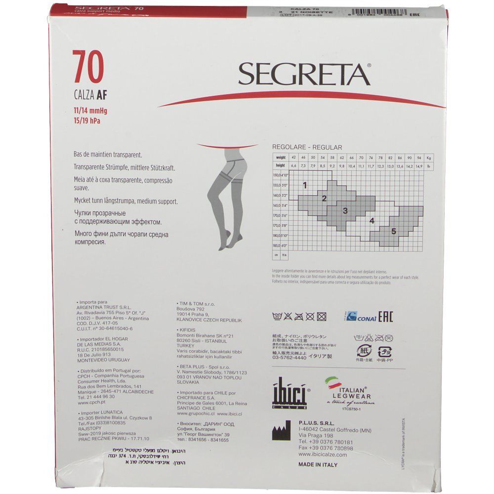 Dos de la boîte de bas de maintien Ibici® Segreta® 70 DEN. Inscriptions : Segreta, Ibici, 70, Calza AF. Tableau des tailles et informations.