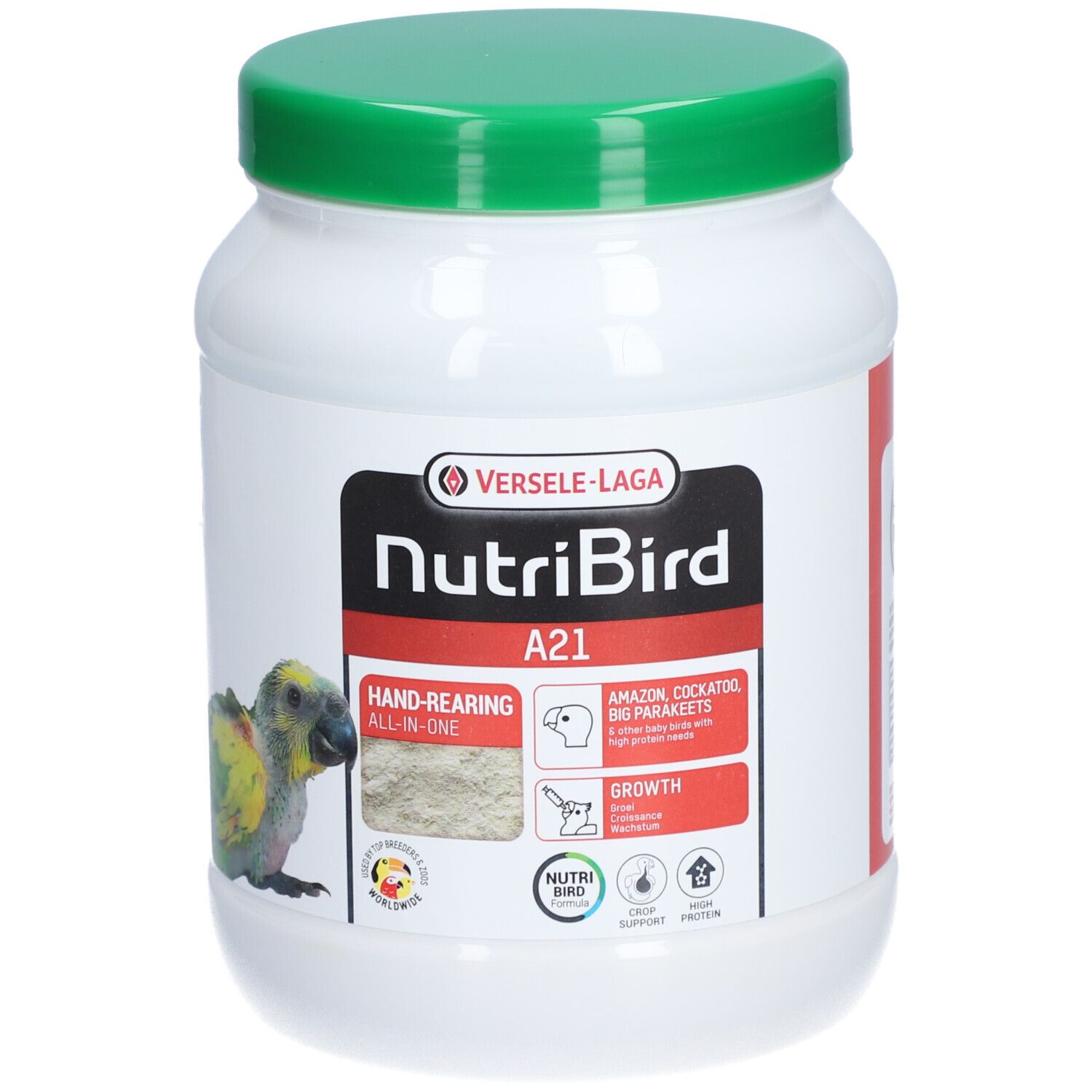 Weißer Behälter mit grünem Deckel. Aufschrift: NutriBird A21, Hand-Rearing All-in-one. Enthält Futter für Amazonen, Kakadus und Großsittiche.