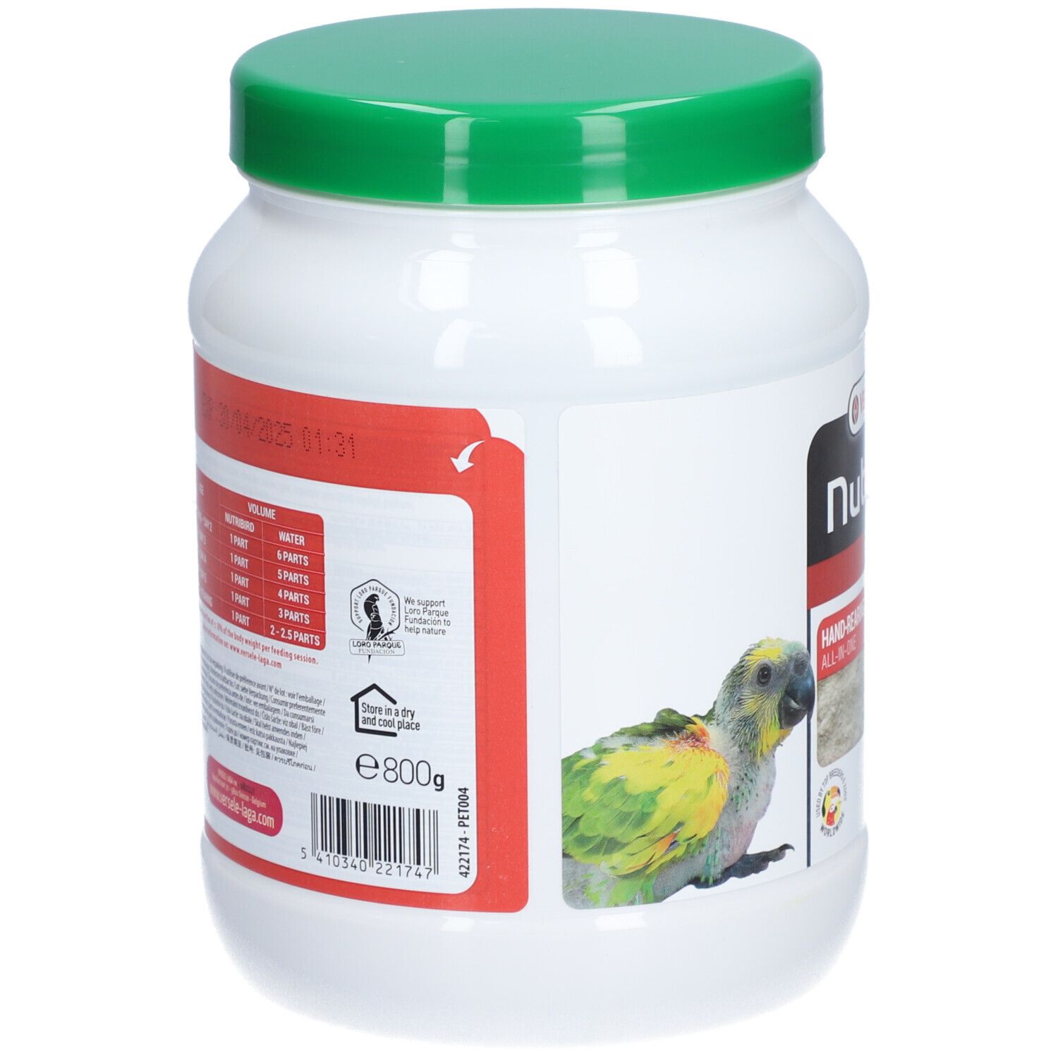 Weißer Behälter mit grünem Deckel. Rückseite mit Informationen. Enthält 800g. Mit Informationen zu Inhaltsstoffen und Fütterungsempfehlungen.