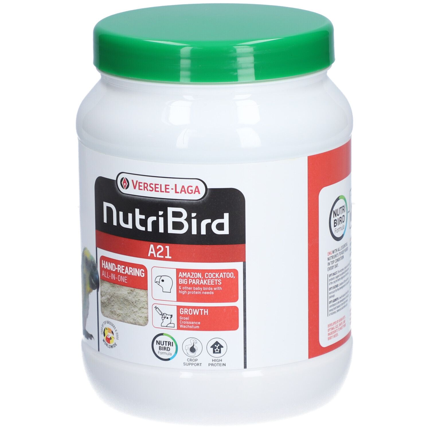 Weißer Behälter mit grünem Deckel. Aufschrift: NutriBird A21. Enthält Futter für Amazonen, Kakadus und Großsittiche. Mit Logo.