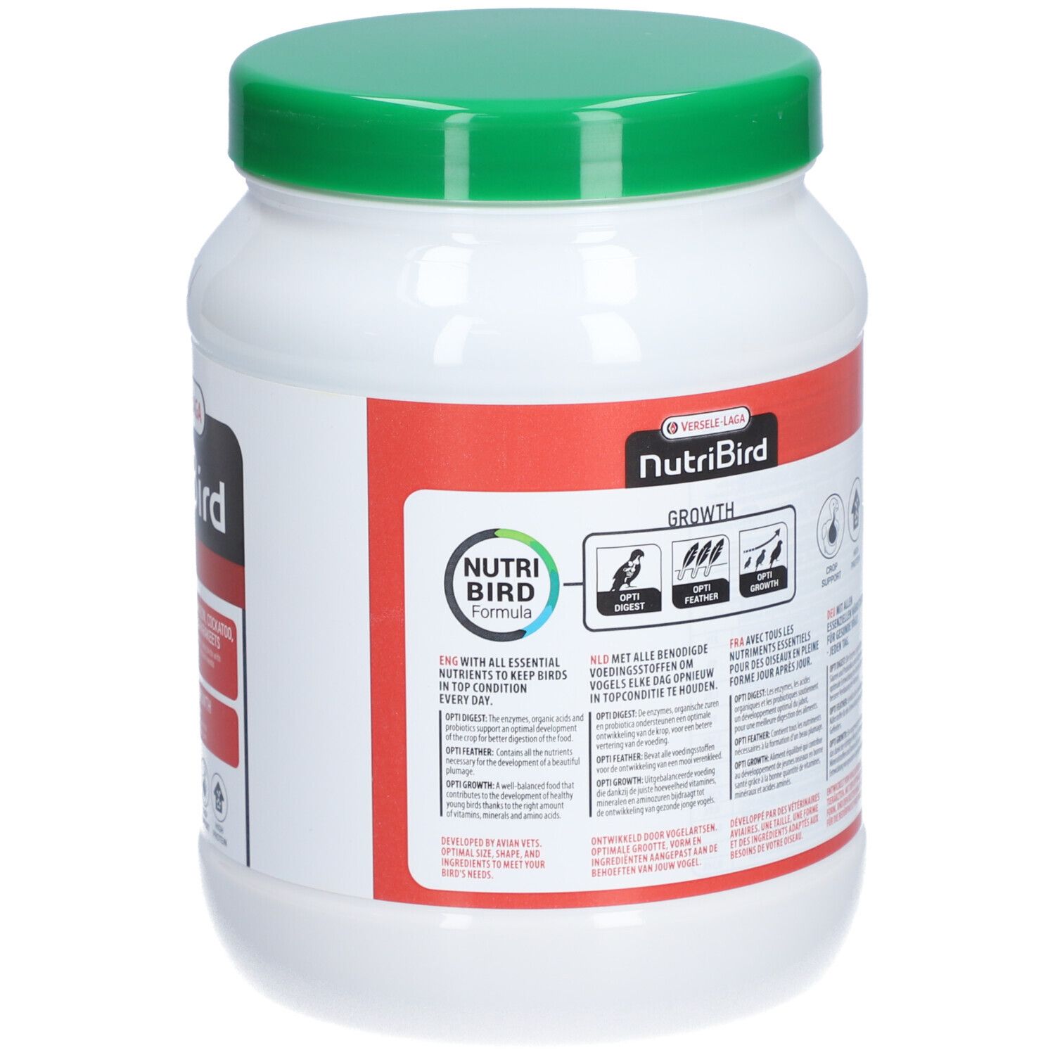 Weißer Behälter mit grünem Deckel. Rückseite mit Informationen. Enthält Informationen zur Ernährung. Mit Logo.