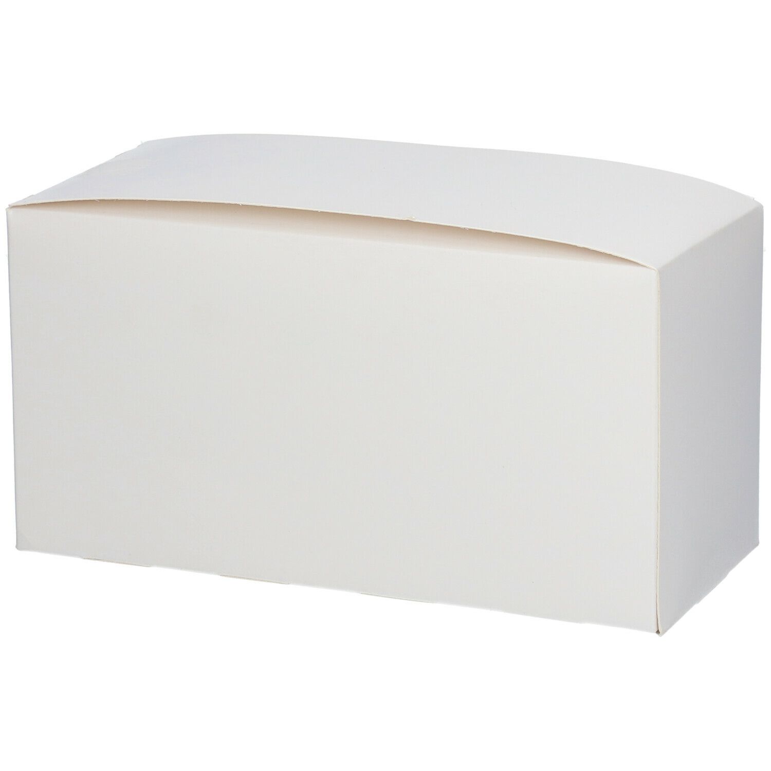 Emballage en carton blanc fermé. Forme rectangulaire avec dessus arrondi. Aucune inscription visible.