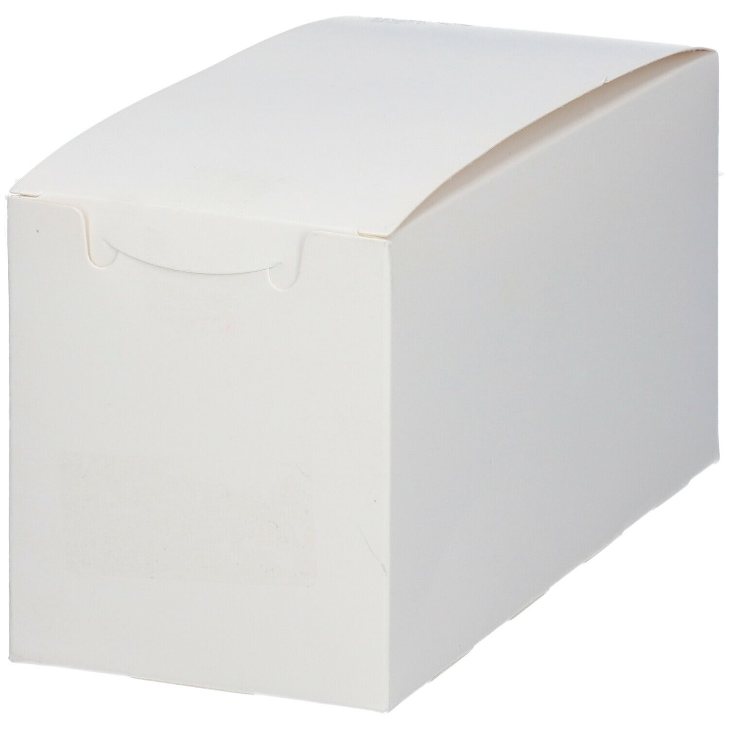 Emballage en carton blanc fermé. Forme rectangulaire avec dessus arrondi. Aucune inscription visible.