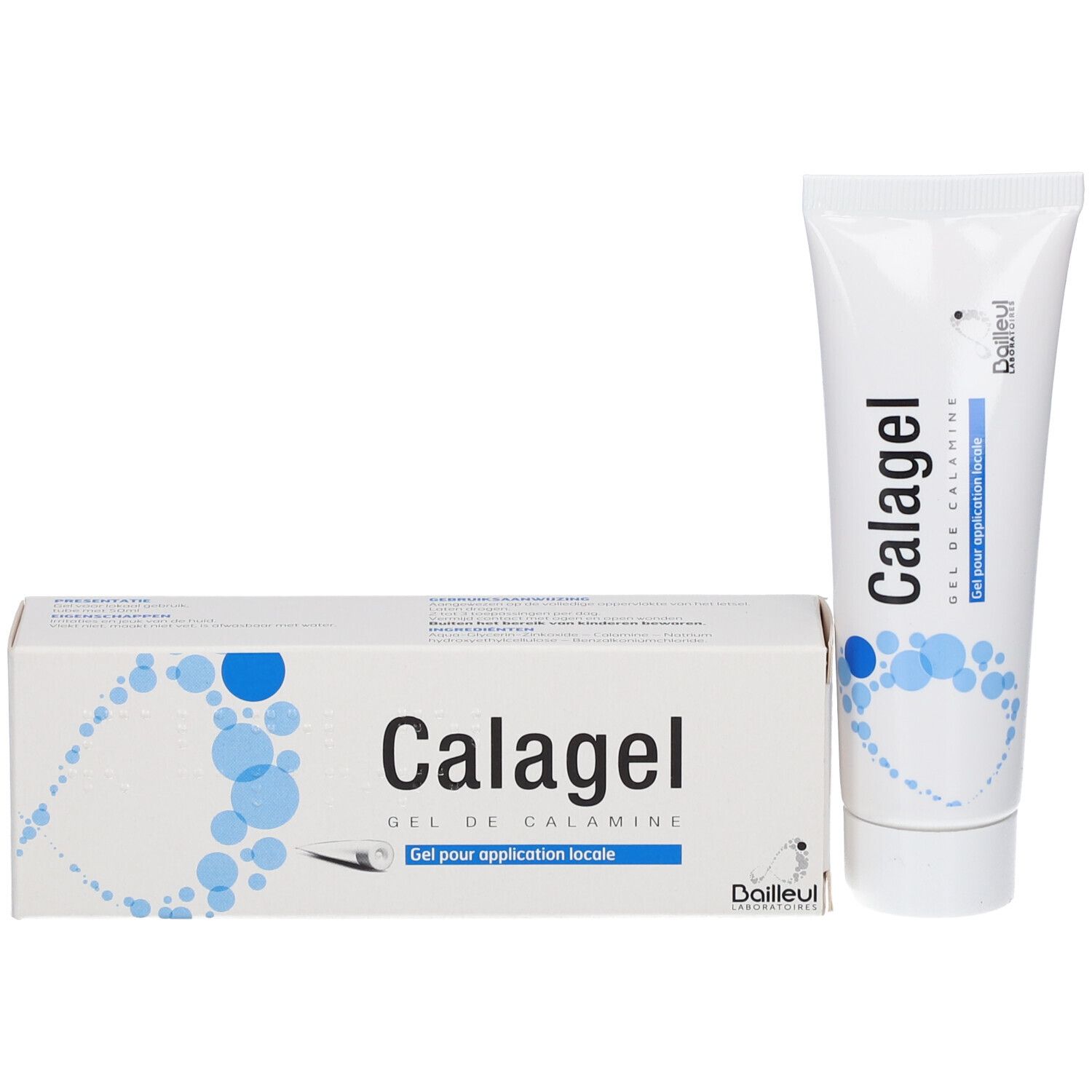 Produktverpackung und Tube. Weiße Schachtel mit Calagel-Schriftzug. Lokale Anwendung. Marke Dailleul. Blaue Blasen.