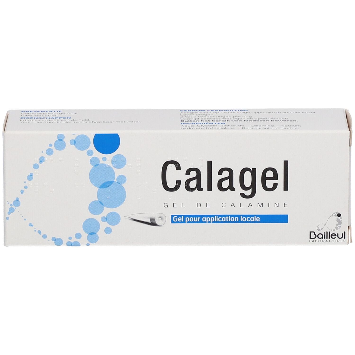 Weiße Schachtel mit Calagel-Schriftzug. Lokale Anwendung. Marke Dailleul. Blaue Blasen-Grafik. Produktverpackung.