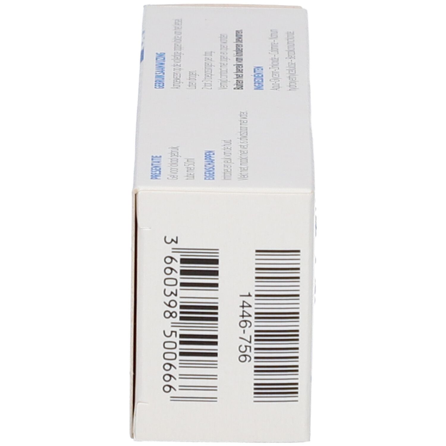 Seitenansicht der Produktverpackung. Barcode, Produktcode, Herstellerinformationen.