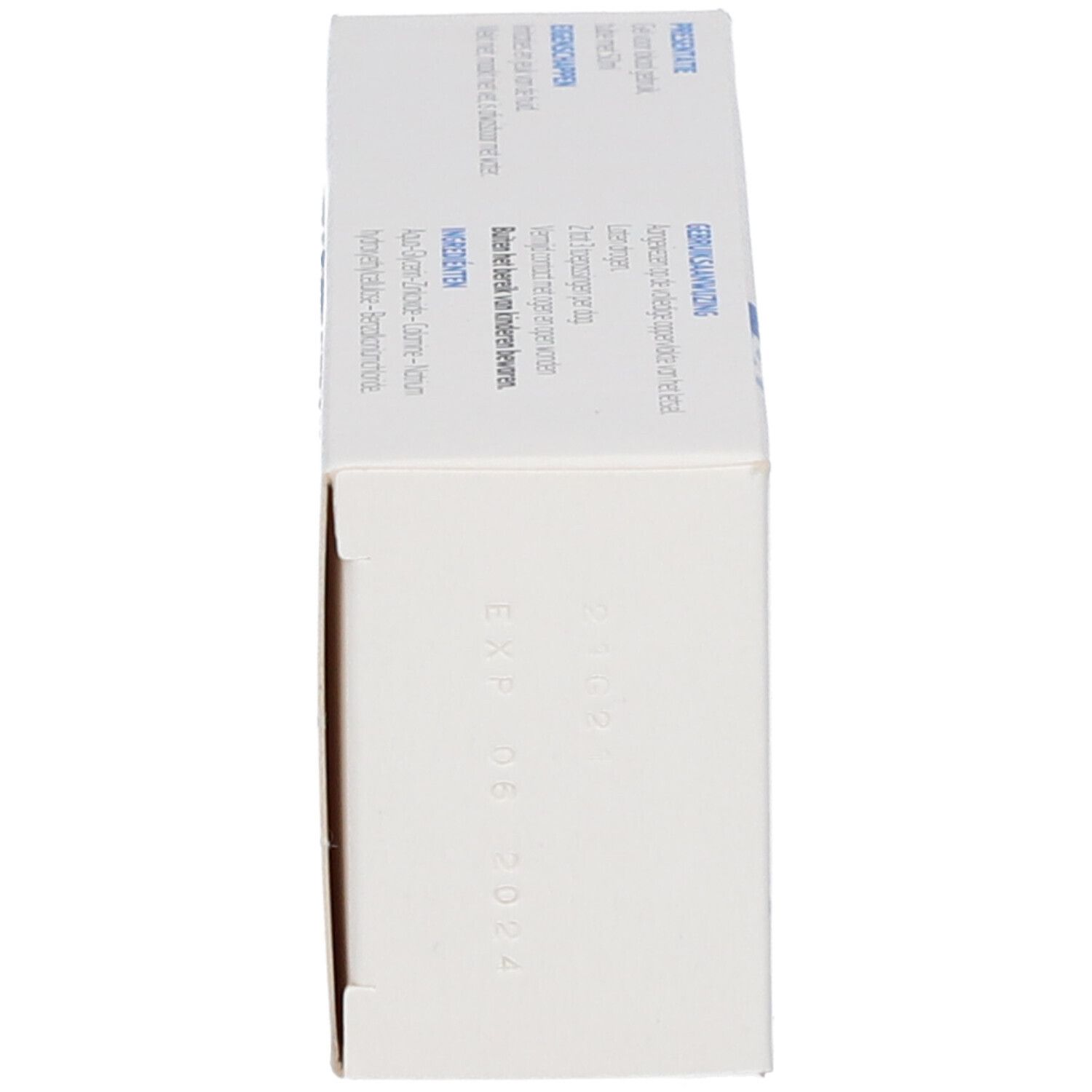 Seitenansicht der Produktverpackung. Verfallsdatum. Text in mehreren Sprachen.