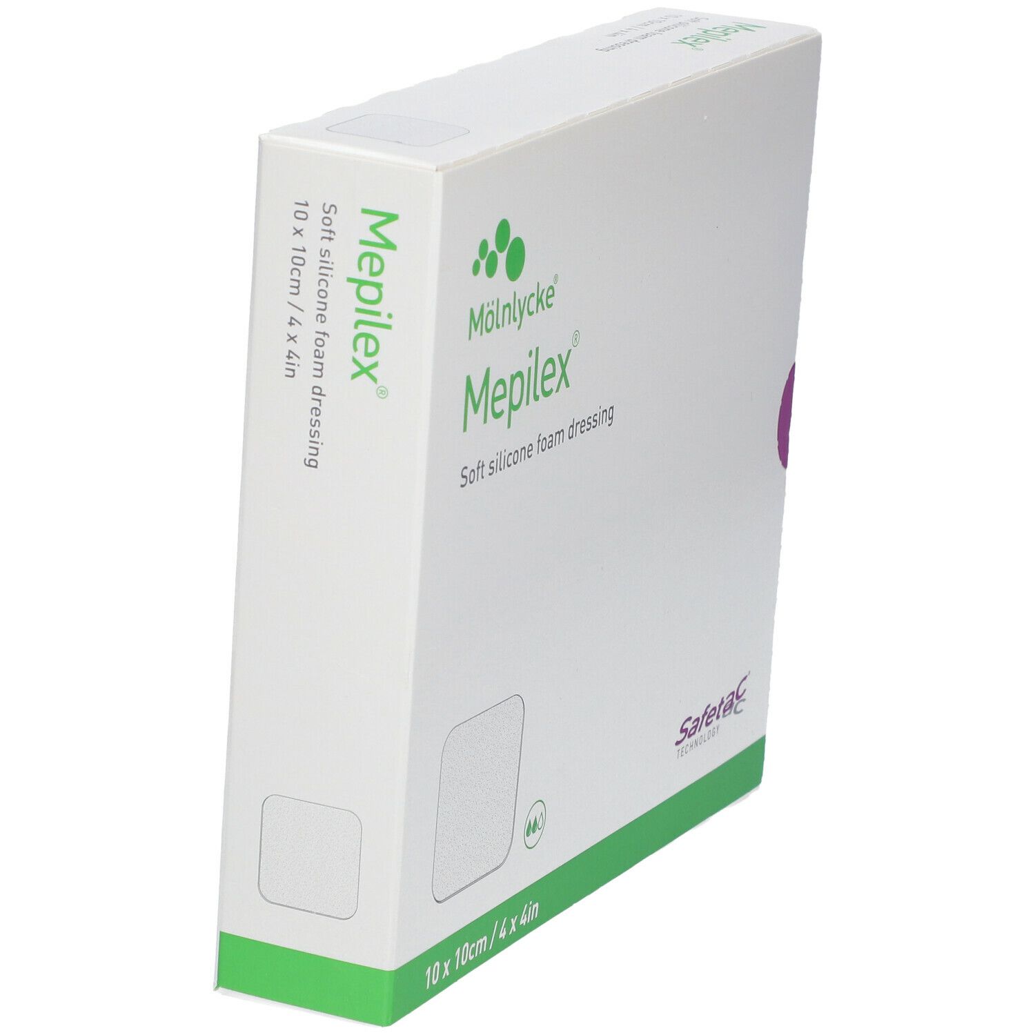Mepilex-Verpackung, 10 x 10 cm. Weiche Silikonschaumwundauflage. Marke Mölnlycke. Schrägansicht.
