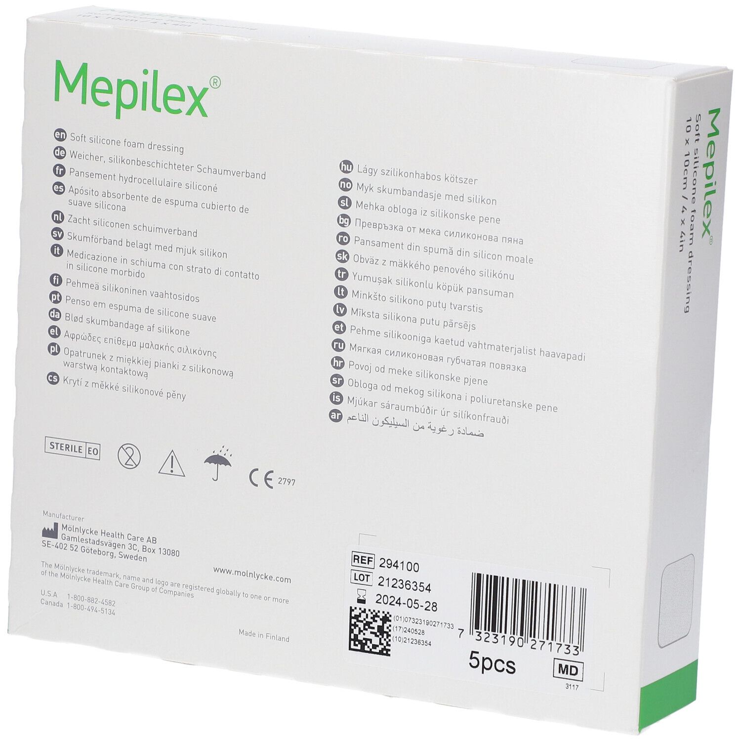 Rückseite der Mepilex-Verpackung. Text in mehreren Sprachen. Größe 10 x 10 cm. 5 Stück. Marke Mölnlycke.