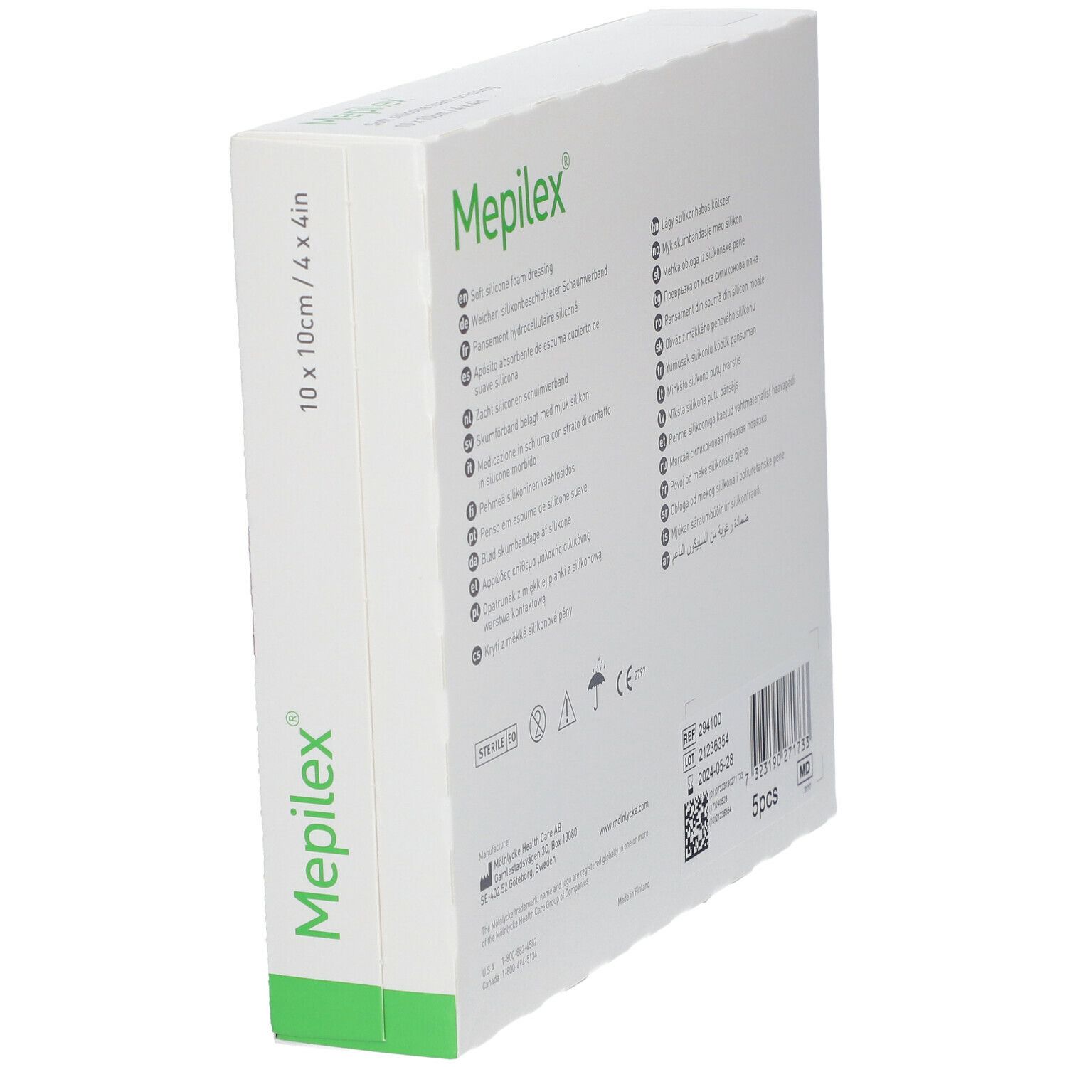 Rückseite der Mepilex-Verpackung. Text in mehreren Sprachen. Größe 10 x 10 cm. Marke Mölnlycke.