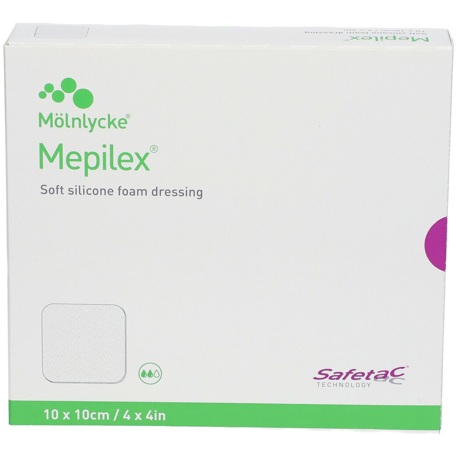 Mepilex-Verpackung, 10 x 10 cm. Weiche Silikonschaumwundauflage. Marke Mölnlycke. Quadratische Form, weiß.