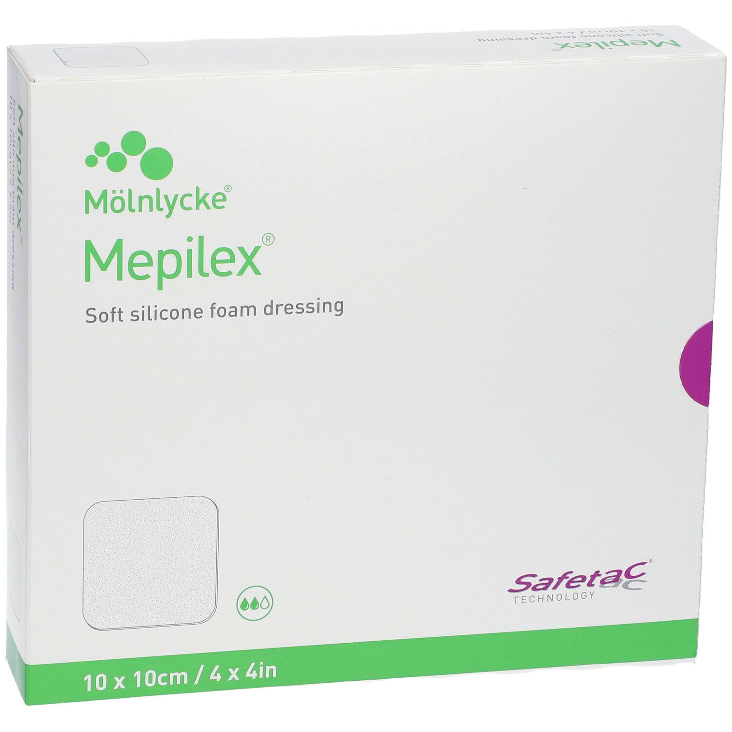 Mepilex-Verpackung, 10 x 10 cm. Weiche Silikonschaumwundauflage. Marke Mölnlycke. Quadratische Form, weiß.