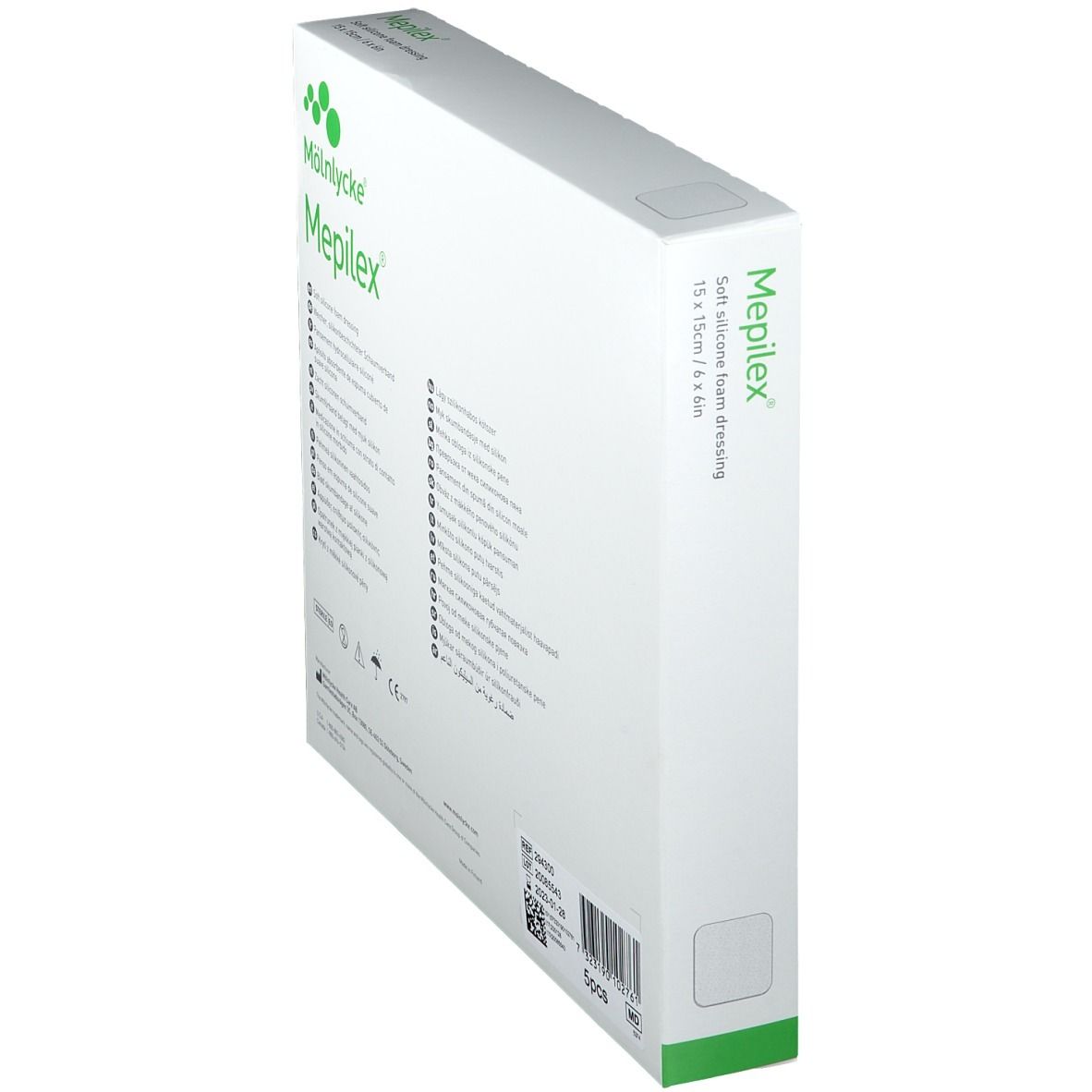 Emballage Mepilex, 15x15cm. Pansement mousse silicone souple. Marque Mölnlycke. Technologie Safetac.