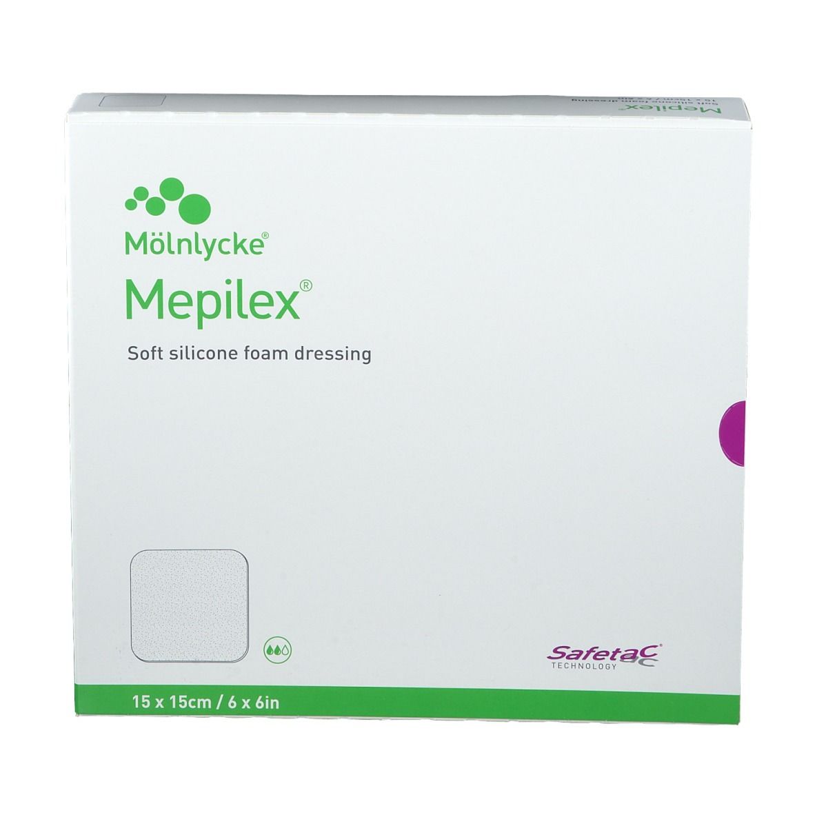 Emballage Mepilex, 15x15cm. Pansement mousse silicone souple. Marque Mölnlycke. Technologie Safetac.