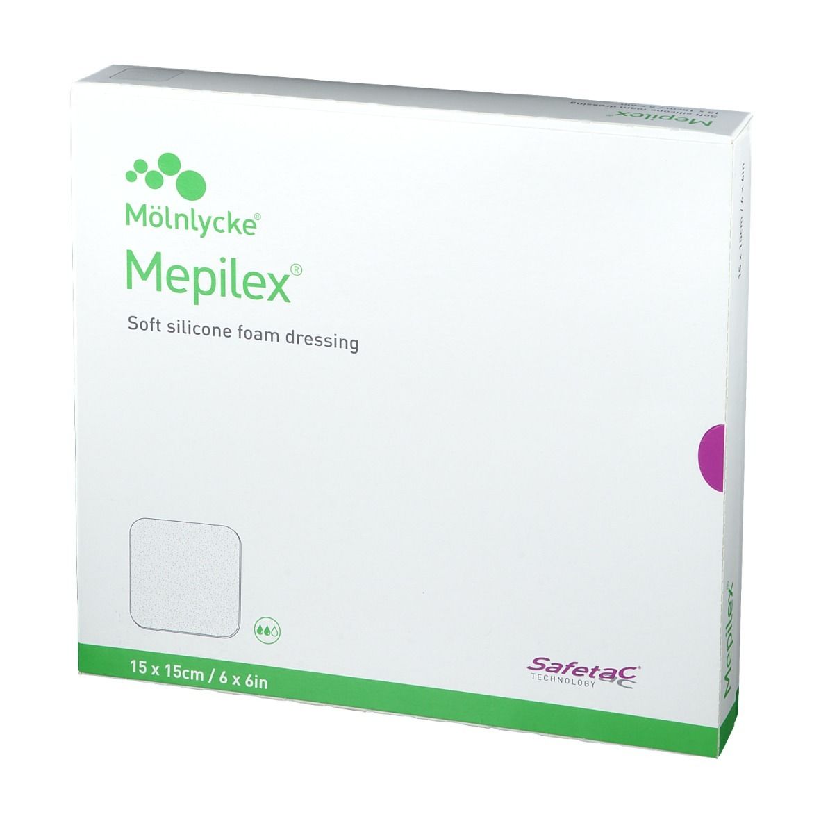 Emballage Mepilex, 15x15cm. Pansement mousse silicone souple. Marque Mölnlycke. Technologie Safetac.