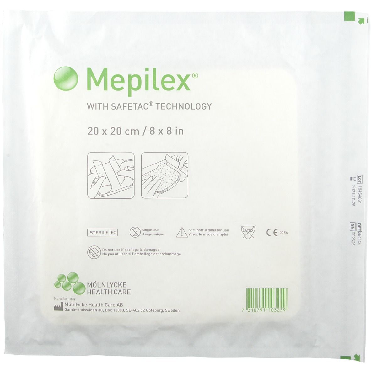 Mepilex® verband, 20 x 20 cm, in steriele verpakking. Met Safetac technologie. Illustraties van toepassing. Barcode en CE-markering.