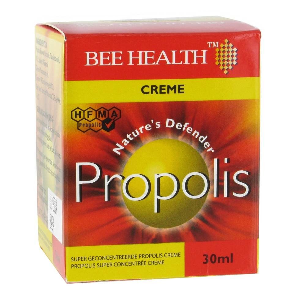 Rote und gelbe Verpackung mit Produktnamen und Logo. Aufschrift: Propolis Creme. 30ml.