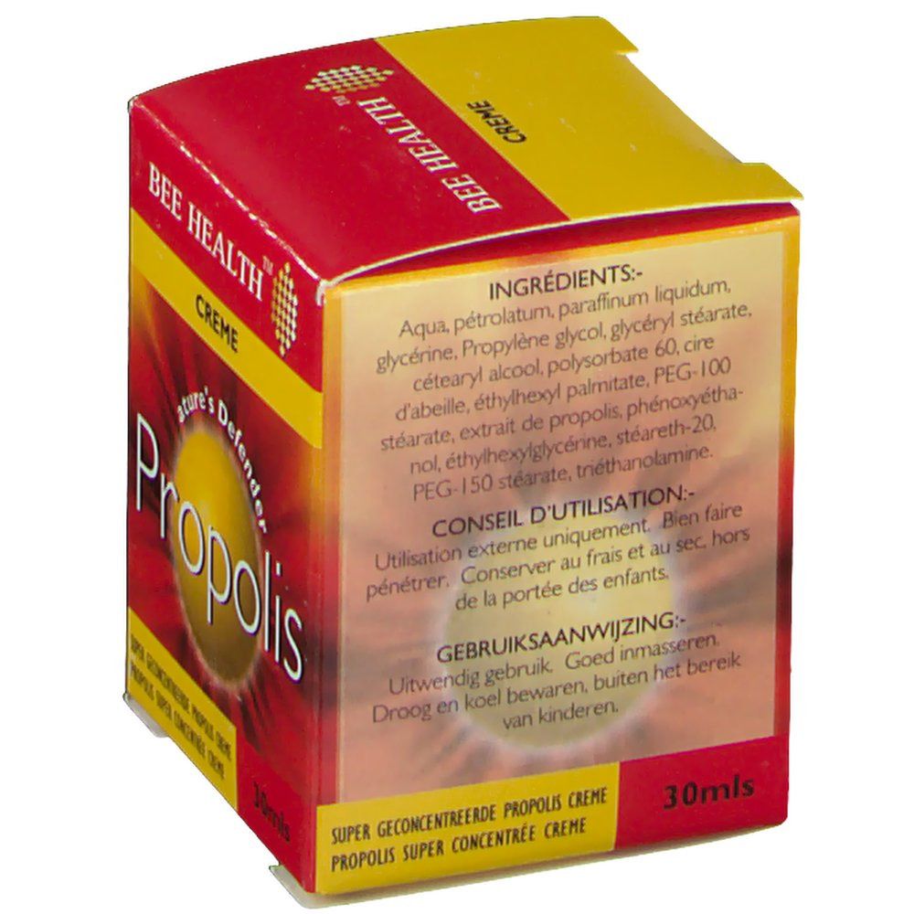 Rote und gelbe Verpackung. Rückseite mit Inhaltsstoffen und Gebrauchsanweisung. Aufschrift: Propolis Creme. 30ml.