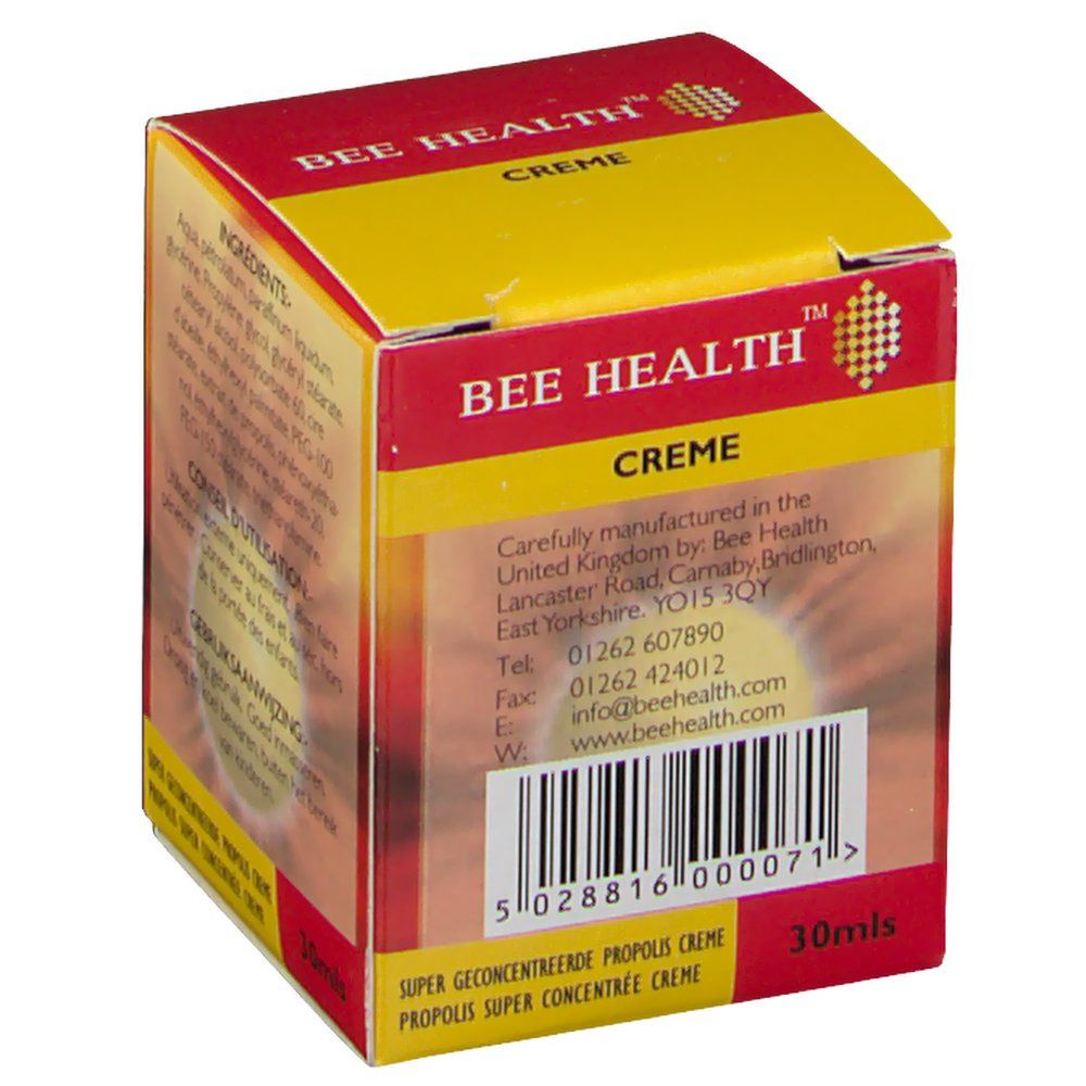 Rote und gelbe Verpackung. Rückseite mit Herstellerinformationen und Barcode. Aufschrift: Propolis Creme. 30ml.
