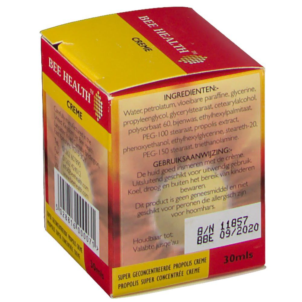 Rote und gelbe Verpackung. Rückseite mit Inhaltsstoffen, Gebrauchsanweisung und Haltbarkeitsdatum. Aufschrift: Propolis Creme. 30ml.