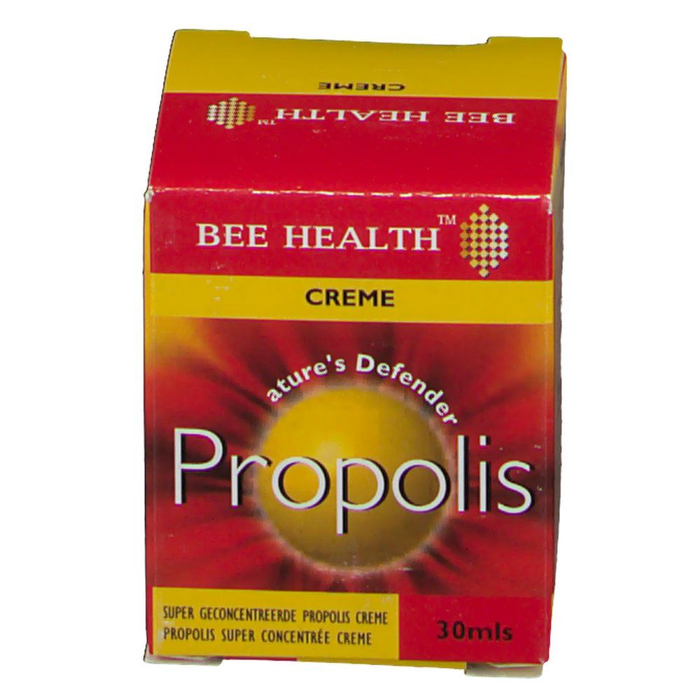 Rote und gelbe Verpackung mit Produktnamen und Logo. Aufschrift: Propolis Creme. 30ml.