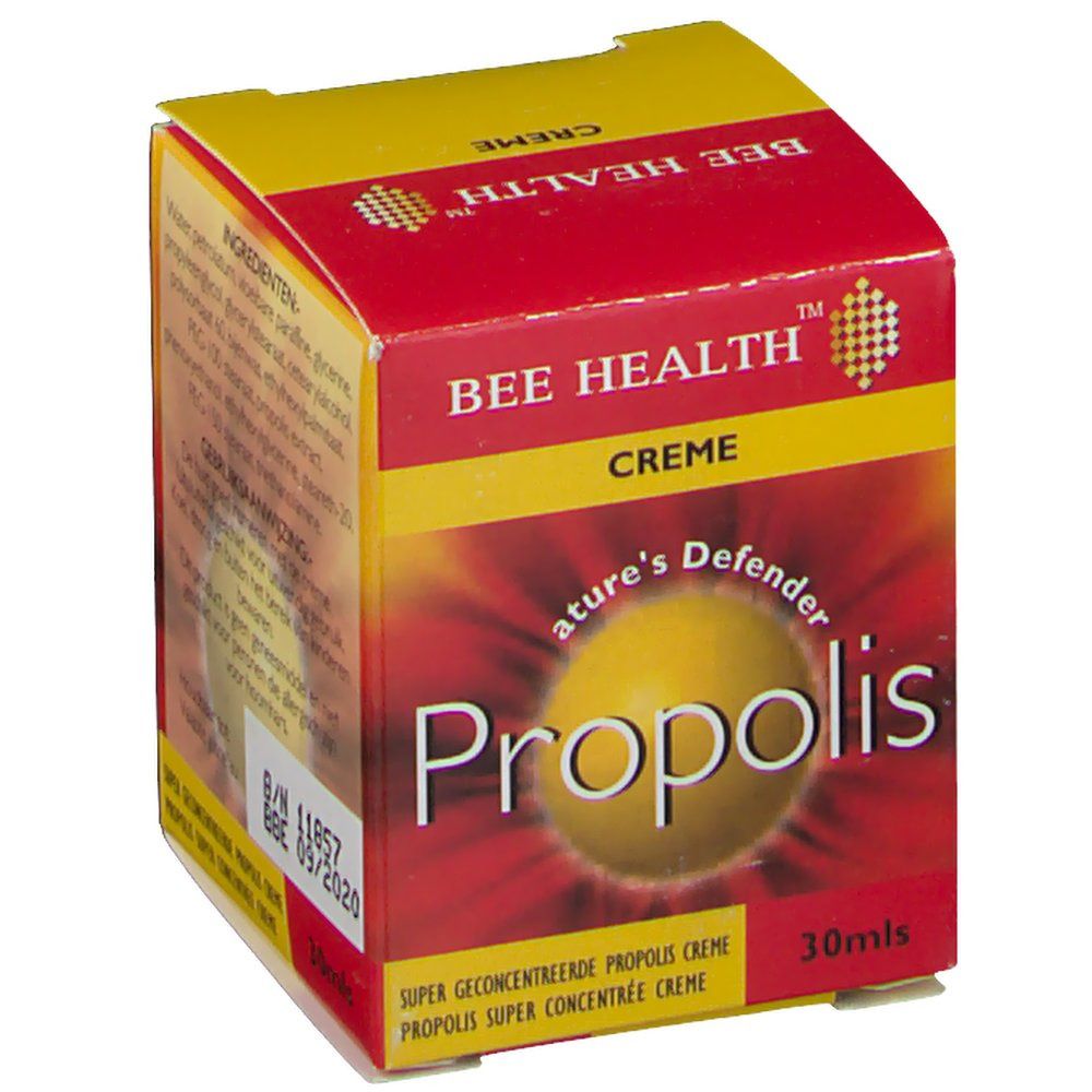 Rote und gelbe Verpackung mit Produktnamen und Logo. Aufschrift: Propolis Creme. 30ml. Mit Haltbarkeitsdatum.