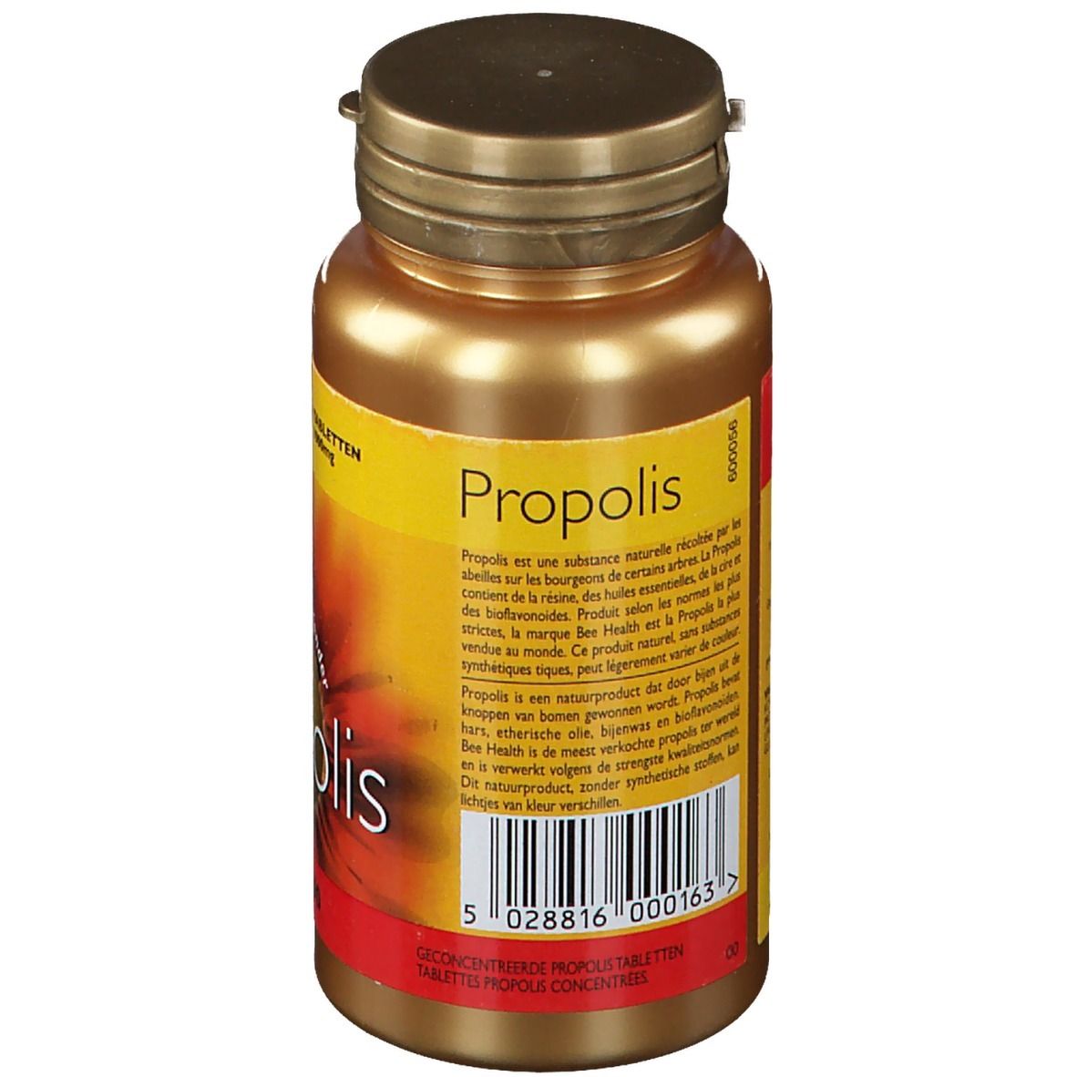 Dos du flacon doré. Texte : Propolis, ingrédients, code-barres. Étiquette jaune et rouge.
