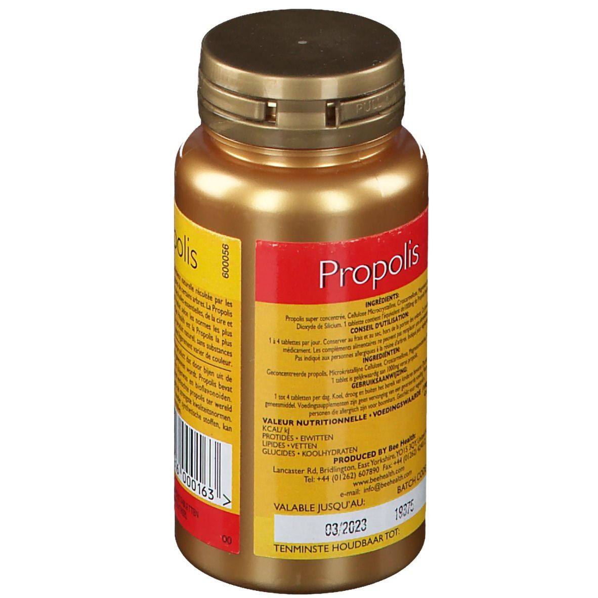 Dos du flacon doré. Texte : Propolis, ingrédients, date de péremption. Étiquette jaune et rouge.