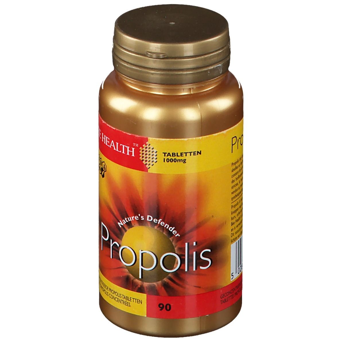 Flacon doré avec étiquette jaune. Inscription : Propolis, 1000mg, 90 comprimés. Logo : abeille.