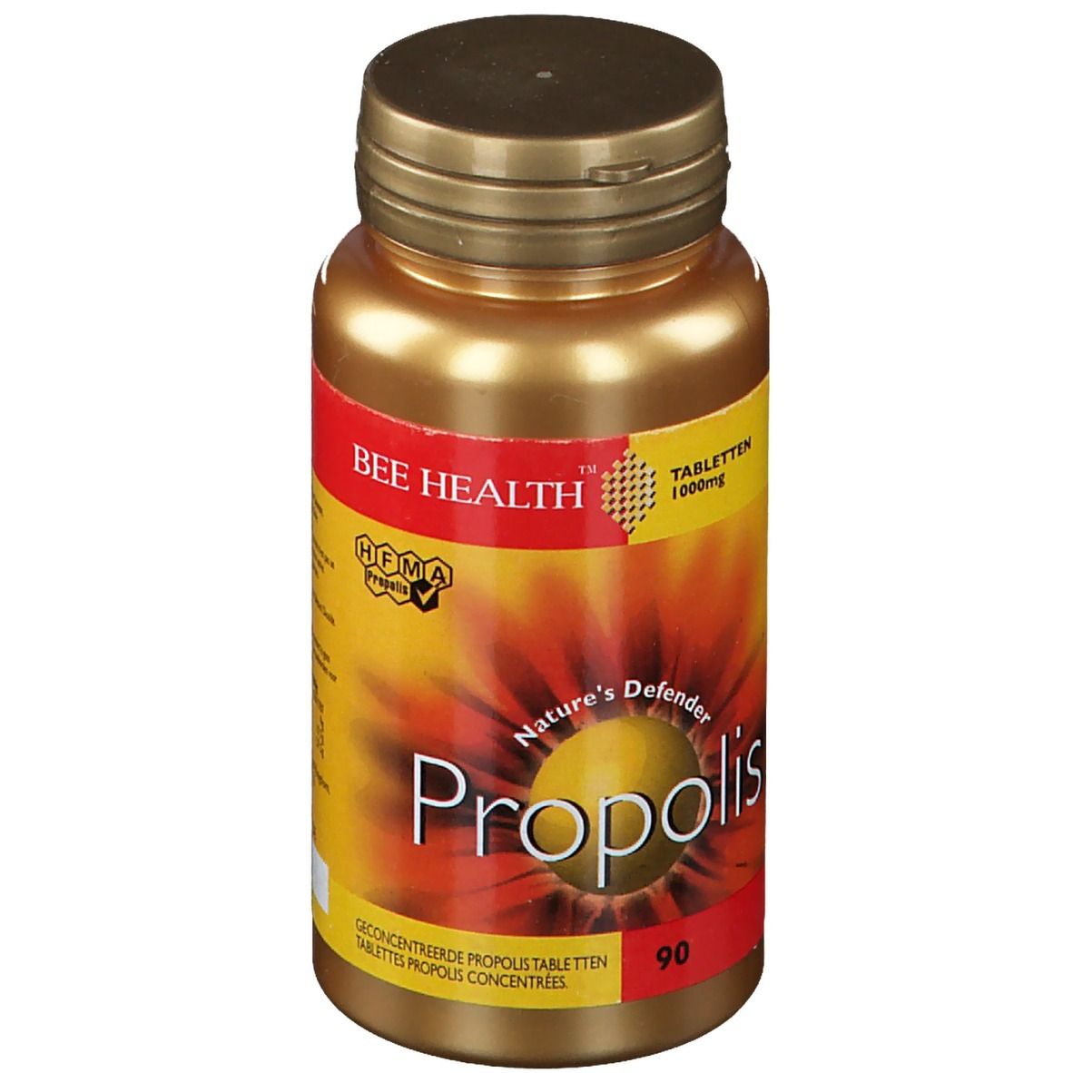 Flacon doré avec étiquette jaune. Inscription : Propolis, 1000mg, 90 comprimés. Logo : abeille.