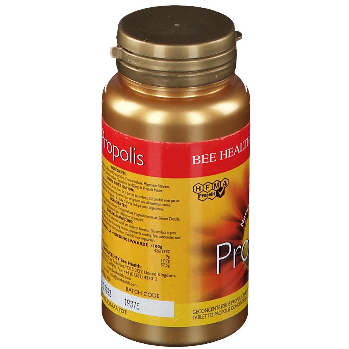 Dos du flacon doré. Texte : Propolis, ingrédients, informations nutritionnelles. Étiquette jaune et rouge.