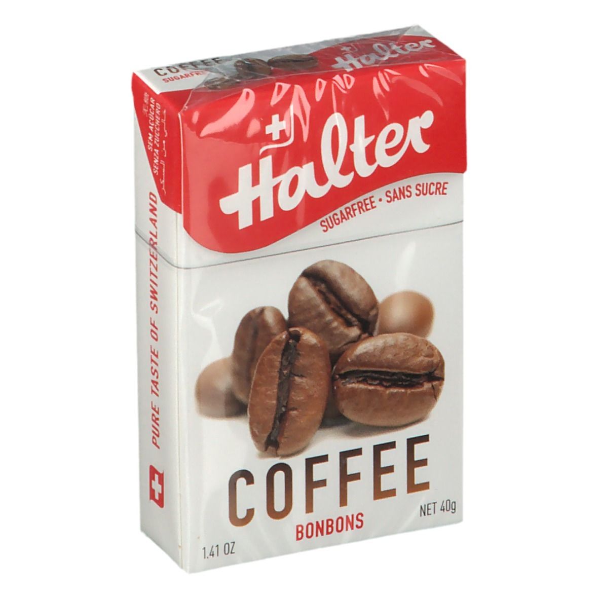 Verpakking Halter Bonbons Café. Afbeelding van koffiebonen. Opschrift: COFFEE BONBONS, suikervrij. Zwitsers kruis.